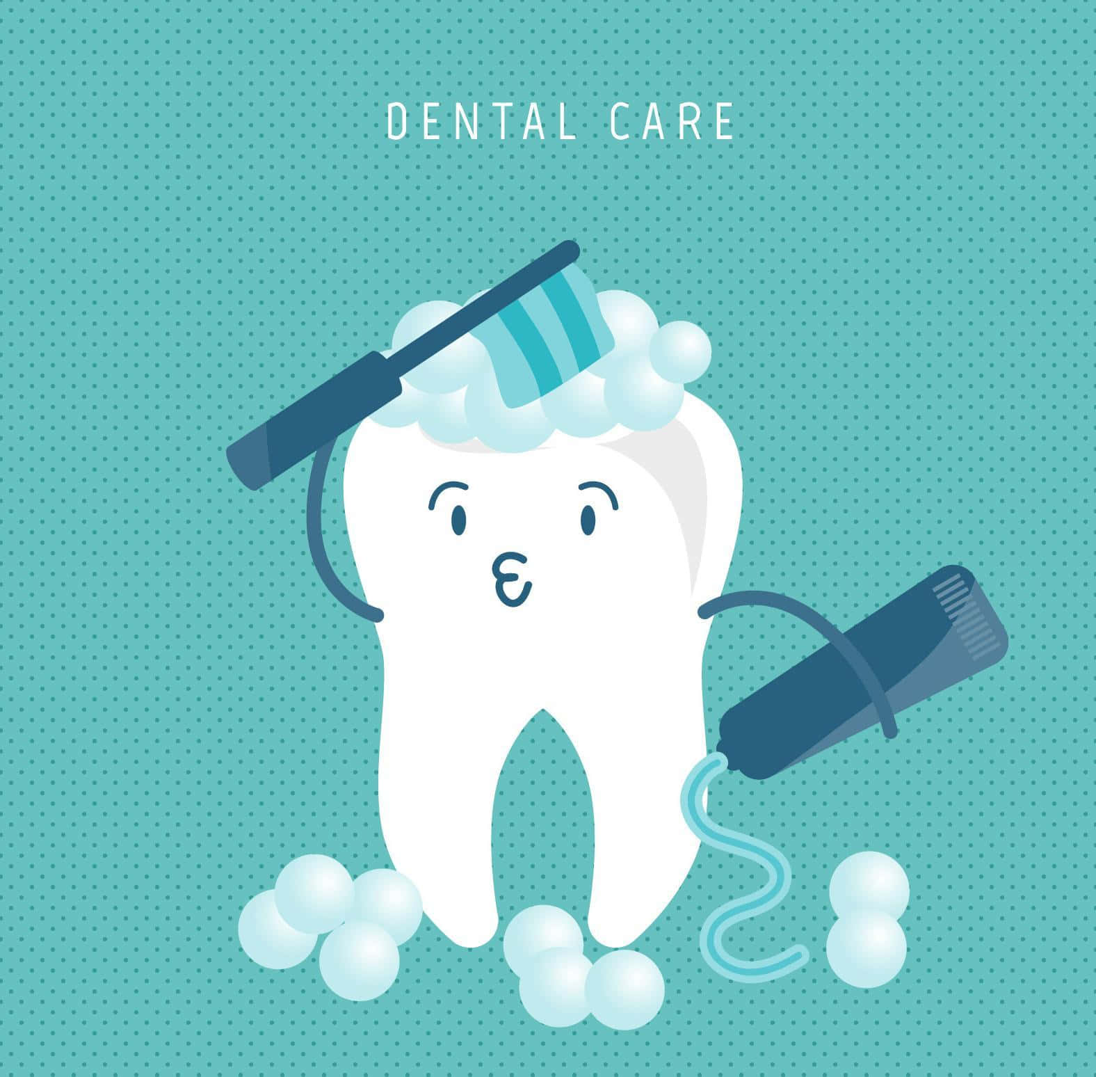 Tooth 桌布 壁紙 — 一個可愛的卡通牙齒在青綠色圓點背景前，拿著牙膏管，自己用泡沫刷牙。