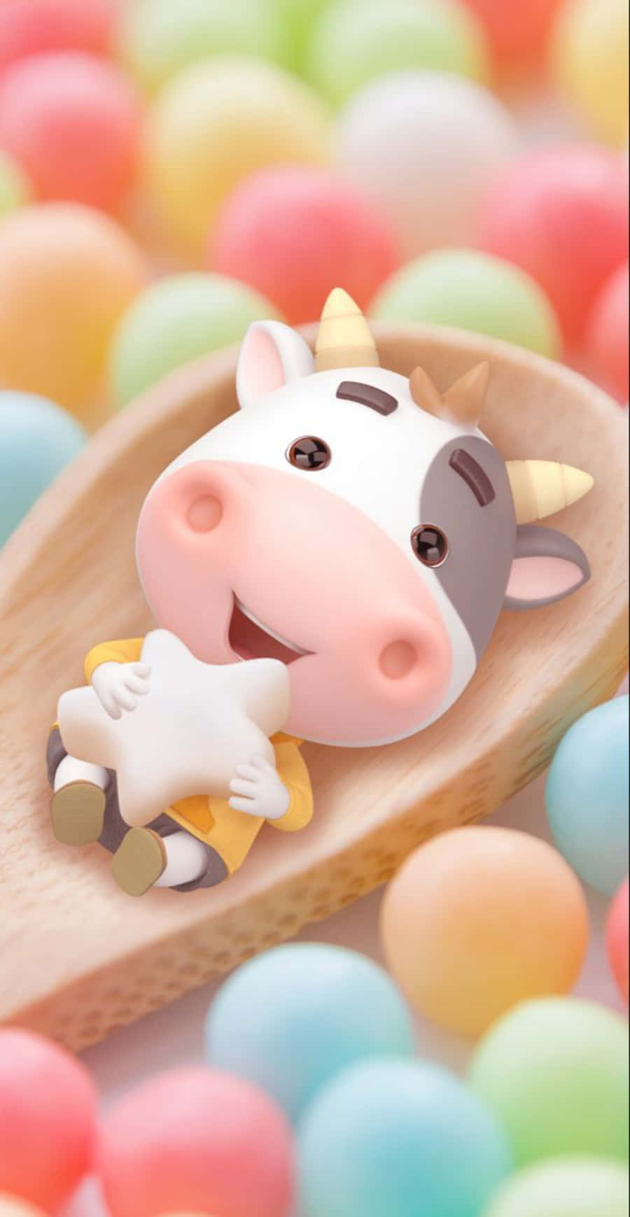 Kawaii Cute Cow 桌布 壁紙 — 一個可愛的卡通牛公仔微笑著，在木勺中拿著一顆星星，周圍環繞著彩色球體。