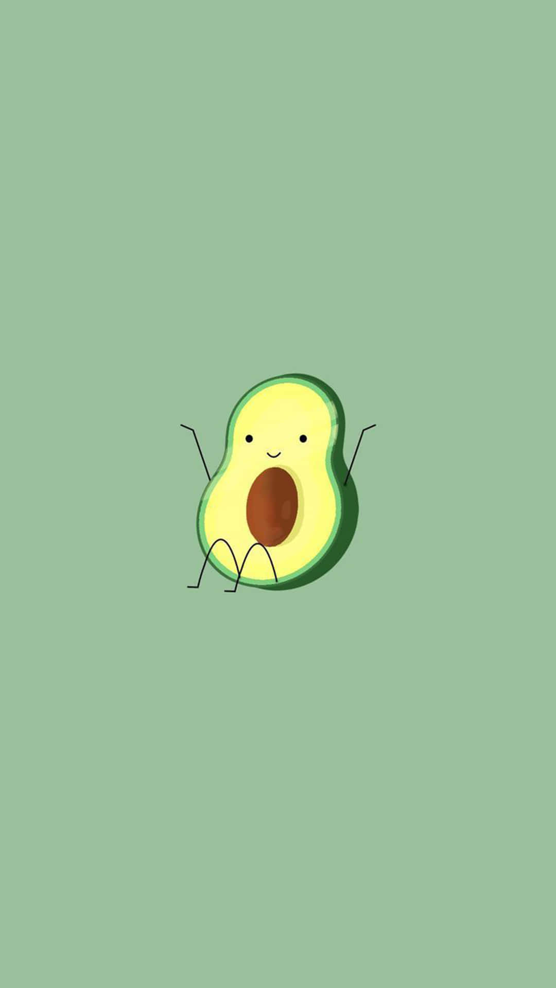 Cute Avocado 桌布 壁紙 — 一個可愛的卡通牛油果，有手臂、腿和微笑，開心地坐在純薄荷綠背景上。