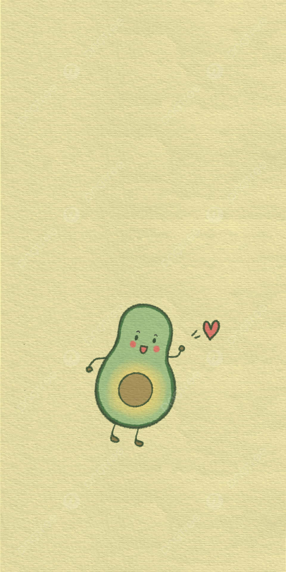 Cute Avocado 桌布 壁紙 — 一個可愛的卡通牛油果，面帶微笑，臉頰泛紅，在紋理淺黃色背景上揮舞著一個小心形。