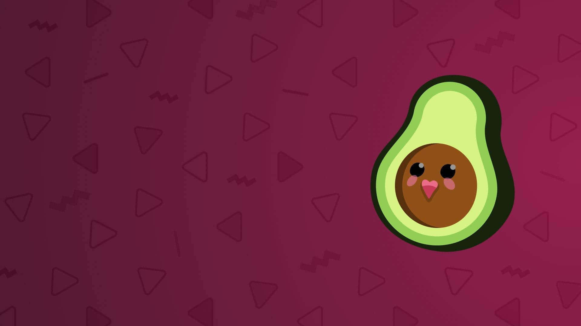 Cute Avocado 桌布 壁紙 — 一個可愛的卡通牛油果，面帶微笑，粉紅色的臉頰，漂浮在帶有微妙三角形圖案的洋紅色背景上。