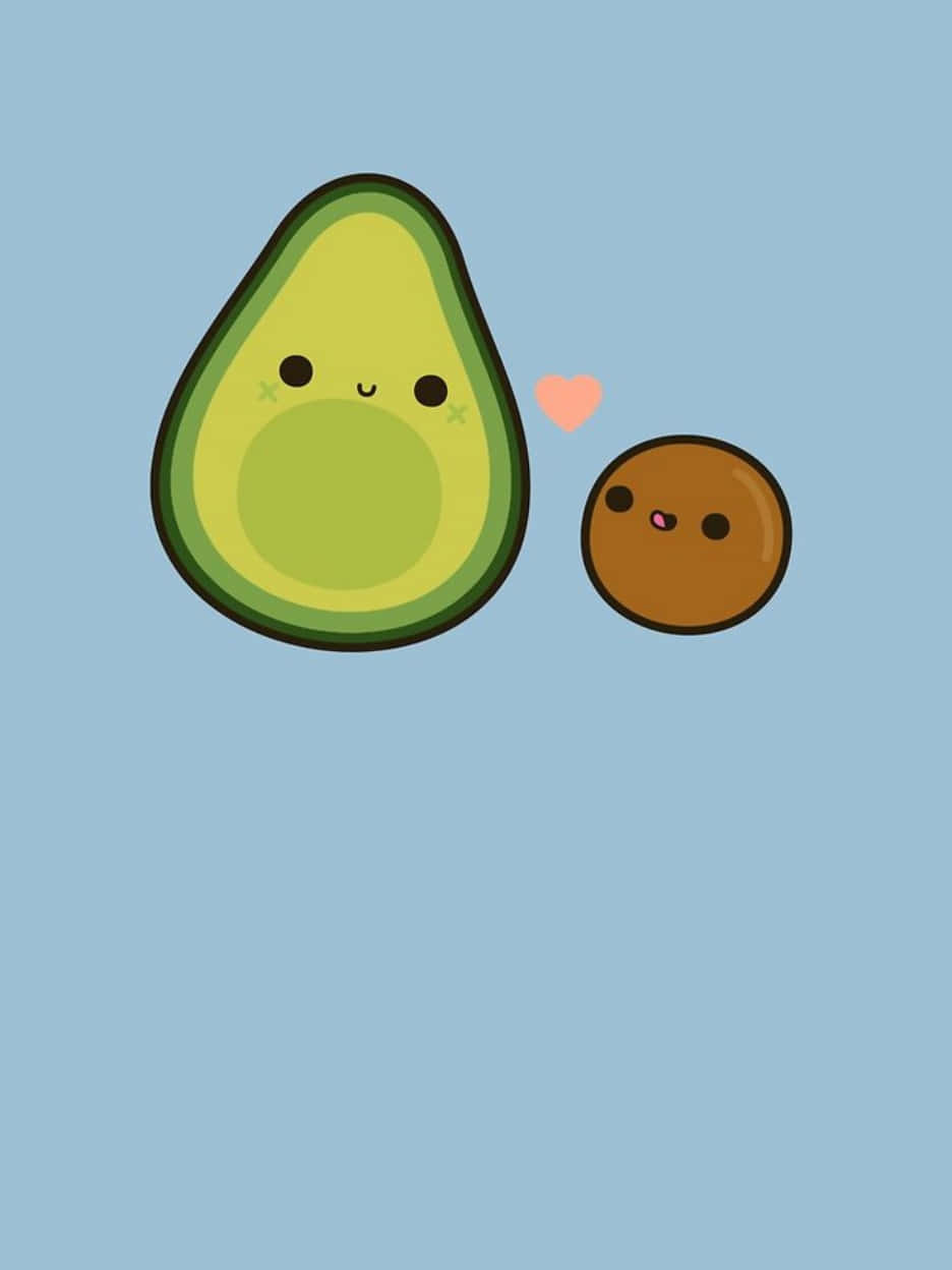Avocado 桌布 壁紙 — 一個可愛的卡通牛油果和果核，中間有一個粉紅色的心形，背景是淺藍色。