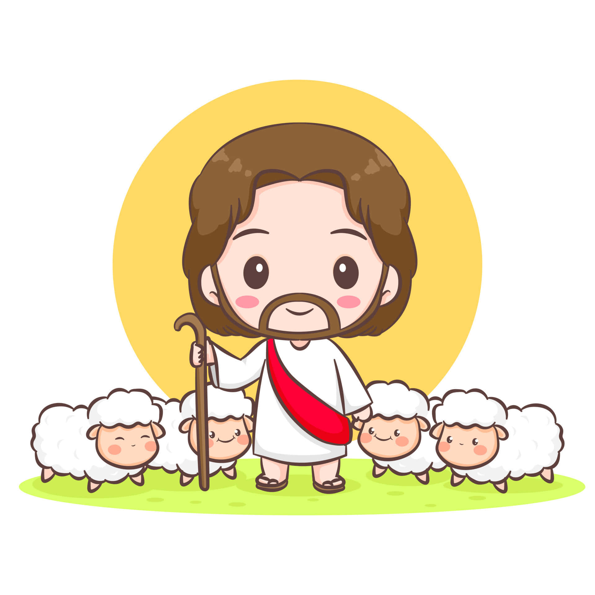 Jesus With Sheep 桌布 壁紙 — 一個可愛的卡通牧羊人，手持杖和紅色腰帶，在黃色太陽下的綠色草地上微笑地站在四隻毛茸茸的羊旁邊。