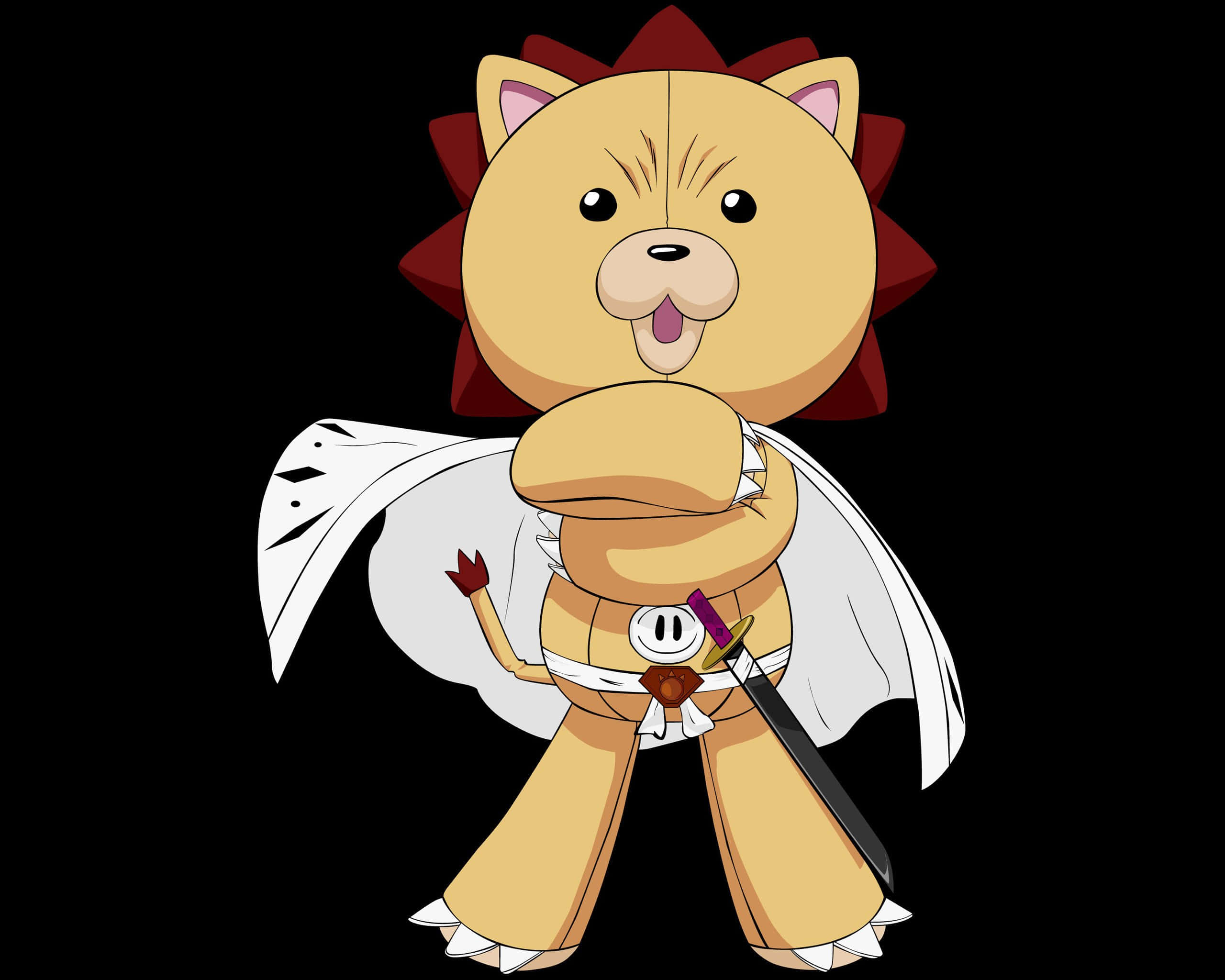 Bleach Kon 桌布 壁紙 — 一個可愛的卡通獅子角色，擁有紅色鬃毛和白色斗篷，在黑色背景前拿著劍並伸出舌頭。