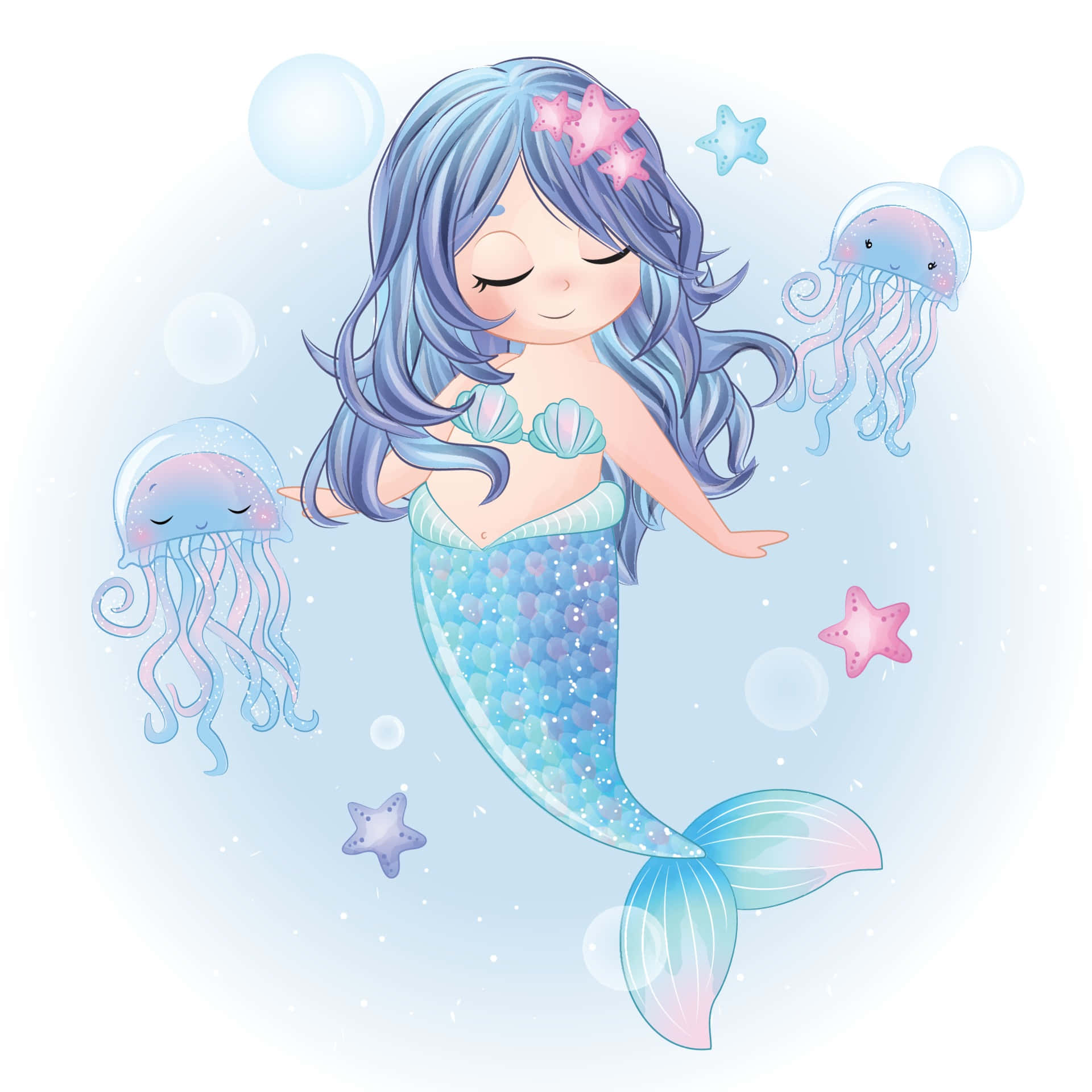 Kawaii Mermaid 桌布 壁紙 — 一個可愛的卡通美人魚，藍色頭髮和閃閃發光的尾巴，與水母和海星在柔和的粉彩海洋場景中平靜地漂浮。