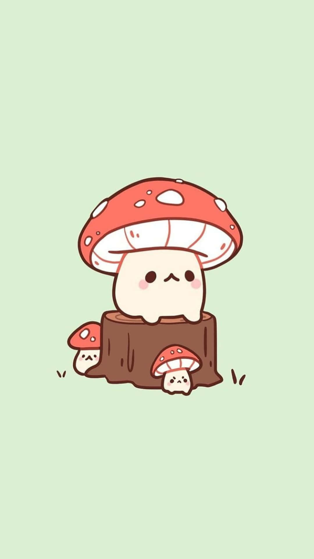 Kawaii Art 桌布 壁紙 — 一個可愛的卡通蘑菇角色，戴著紅色帽子並有白色斑點，坐在樹樁上，下方有兩個較小的蘑菇朋友探出頭來。
