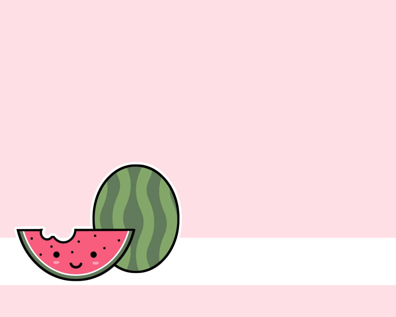 Kawaii Fruit 桌布 壁紙 — 一個可愛的卡通西瓜片，帶有微笑的臉，位於柔軟粉紅色背景上的整個西瓜旁邊。