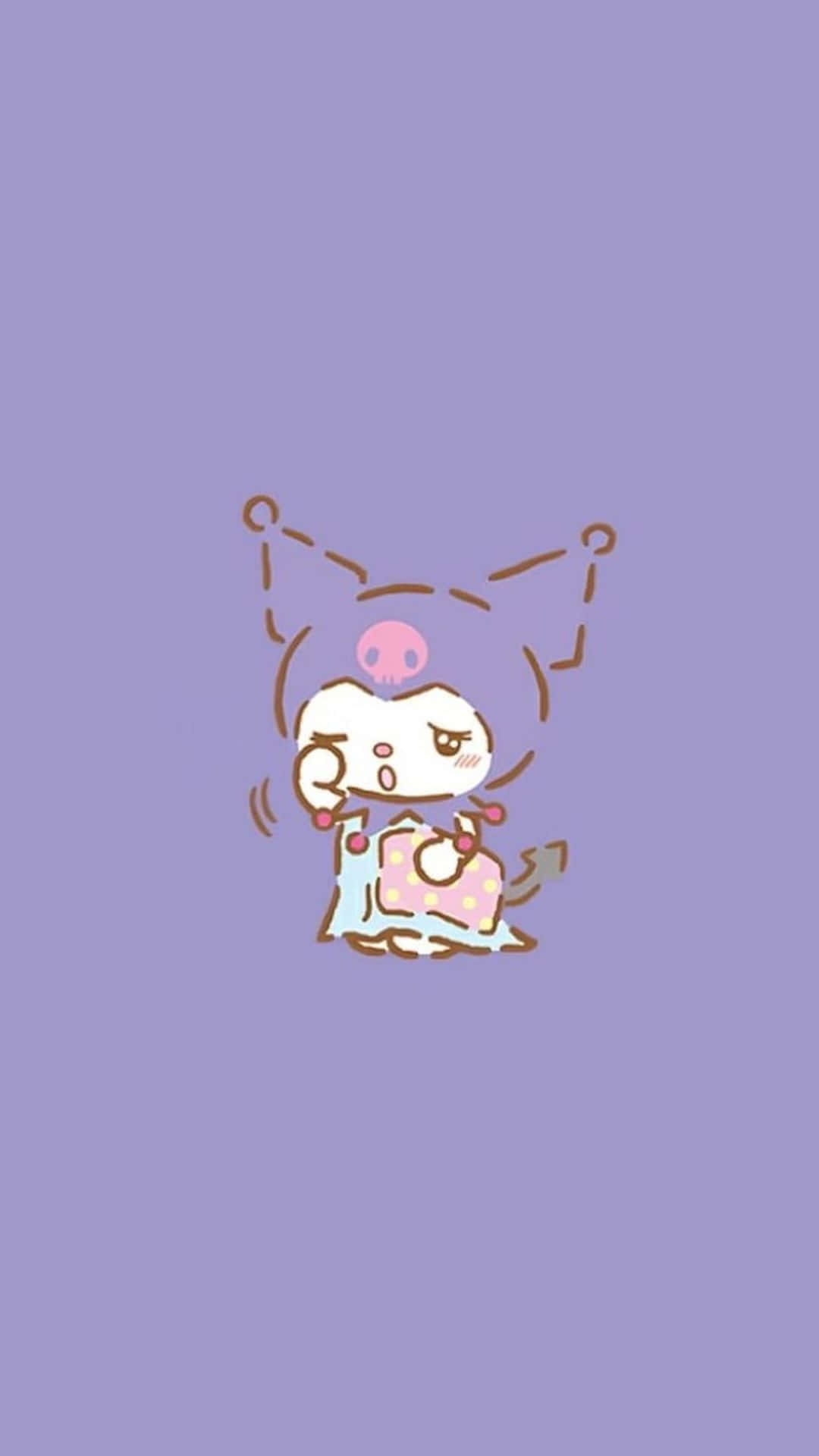 Kuromi Kawaii 桌布 壁紙 — 一個可愛的卡通角色，戴著粉紅色骷髏頭帶和波點連衣裙，站在純色薰衣草背景前。