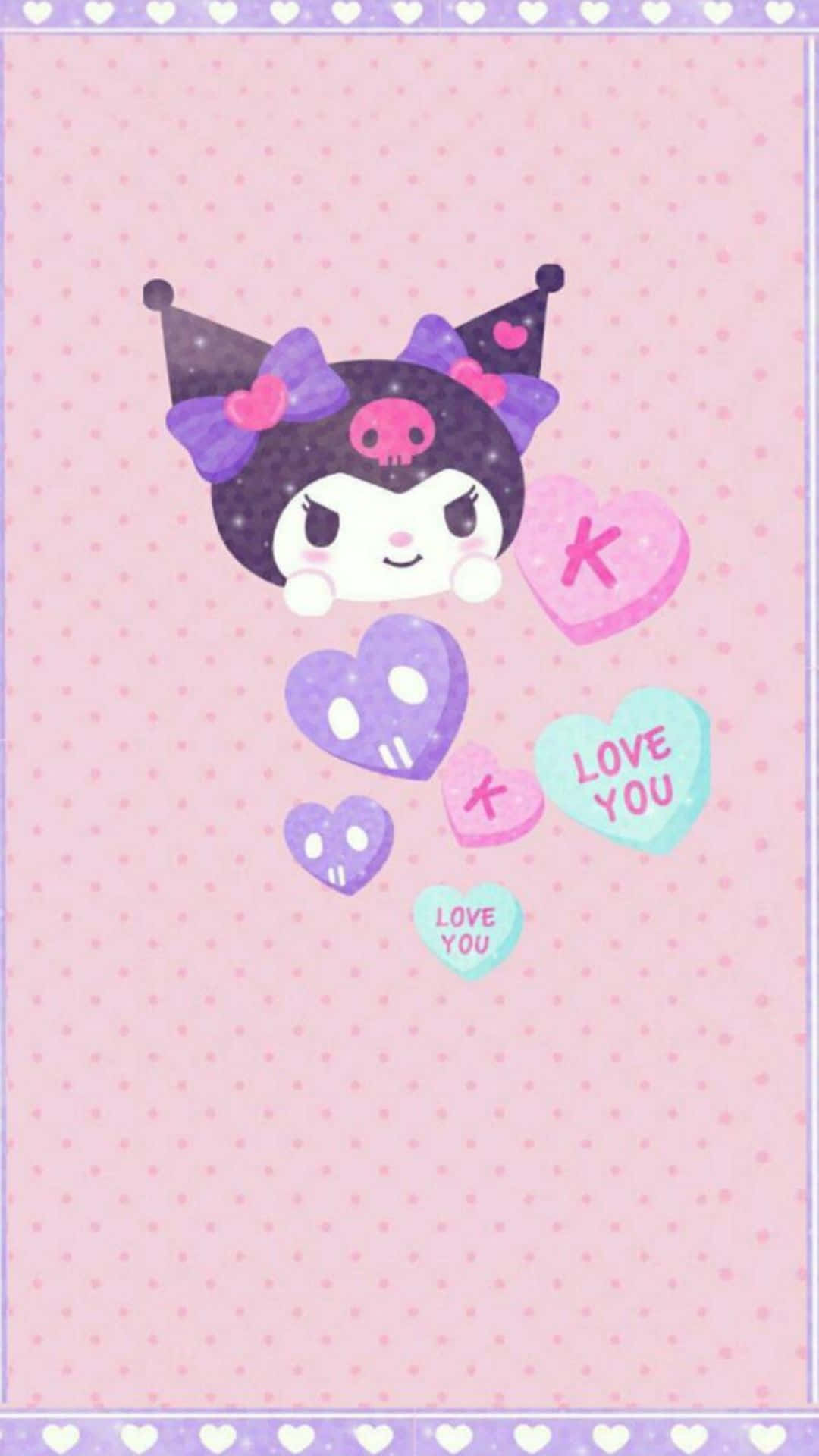 Kuromi Pattern 桌布 壁紙 — 一個可愛的卡通角色，戴著紫色帽子和蝴蝶結，在粉紅色圓點背景上漂浮的心形之間漂浮。