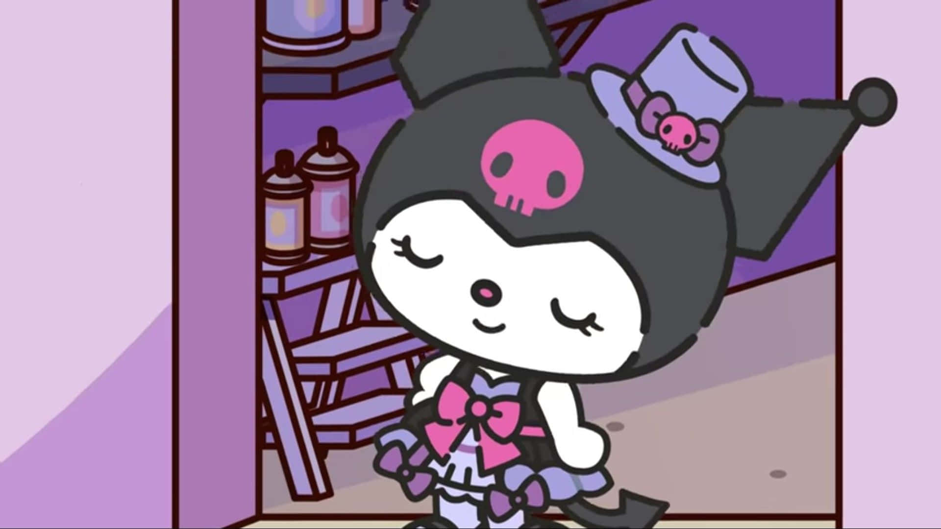 Kuromi Fanart 桌布 壁紙 — 一個可愛的卡通角色，戴著骷髏帽和粉紅色蝴蝶結，站在一個有架子和瓶子的紫色房間裡。