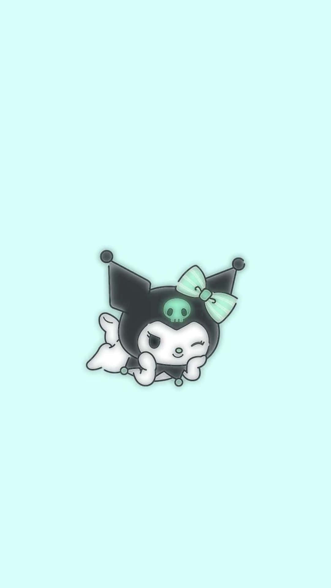 Kuromi Kawaii 桌布 壁紙 — 一個可愛的卡通角色，戴著黑色帽子和薄荷色蝴蝶結，在柔和的薄荷色背景上頑皮地休息。