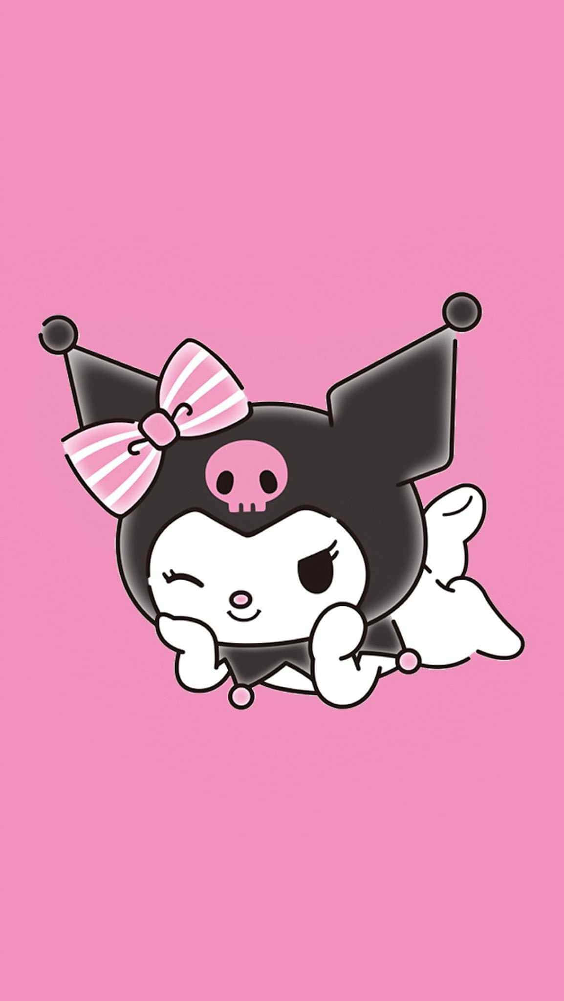 Kuromi Kawaii 桌布 壁紙 — 一個可愛的卡通角色，有著黑色耳朵和粉紅色蝴蝶結，在純粉紅色背景上頑皮地漂浮。