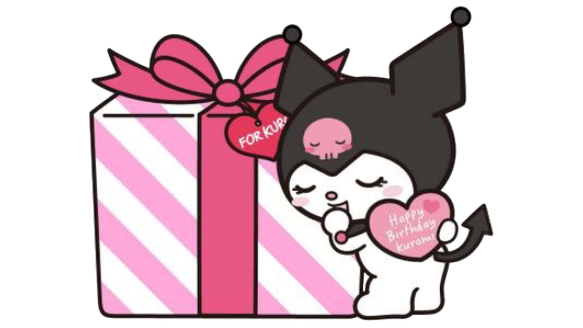 Kuromi Birthday 桌布 壁紙 — 一個可愛的卡通角色，有黑色耳朵和粉紅色心形，拿著一張生日卡，旁邊有一個帶蝴蝶結的粉紅色條紋禮物盒。