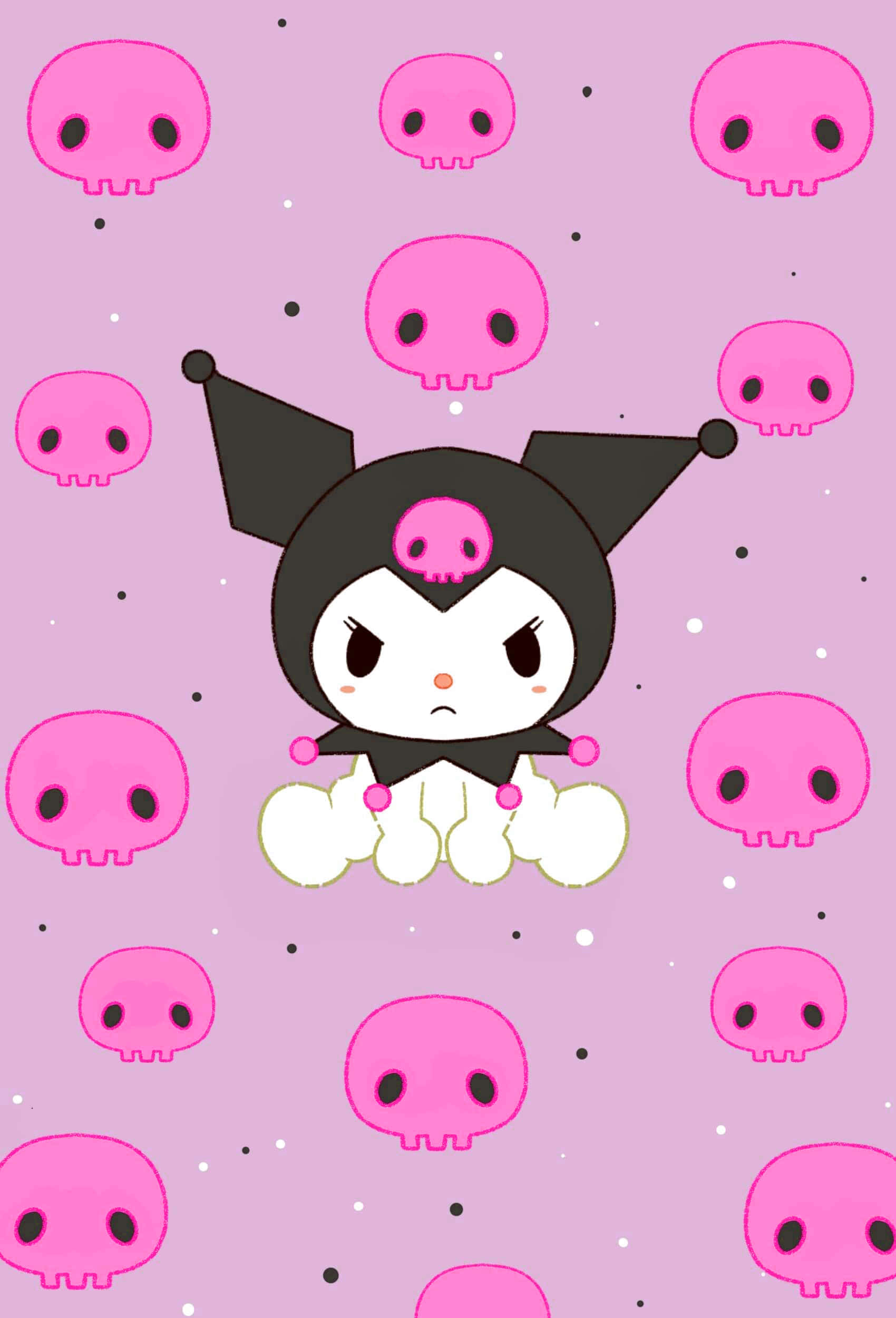 Kuromi Kawaii 桌布 壁紙 — 一個可愛的卡通角色，有黑色耳朵和粉紅色骷髏圖案，漂浮在散落的粉紅色骷髏之間，背景是粉彩粉紅色。