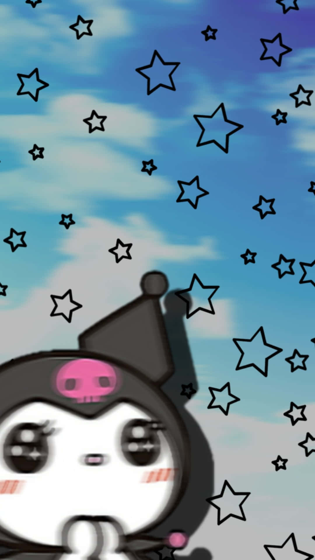 Kuromi Aesthetic 桌布 壁紙 — 一個可愛的卡通角色戴著粉紅色骷髏帽，仰望藍天中墜落的黑色星星。