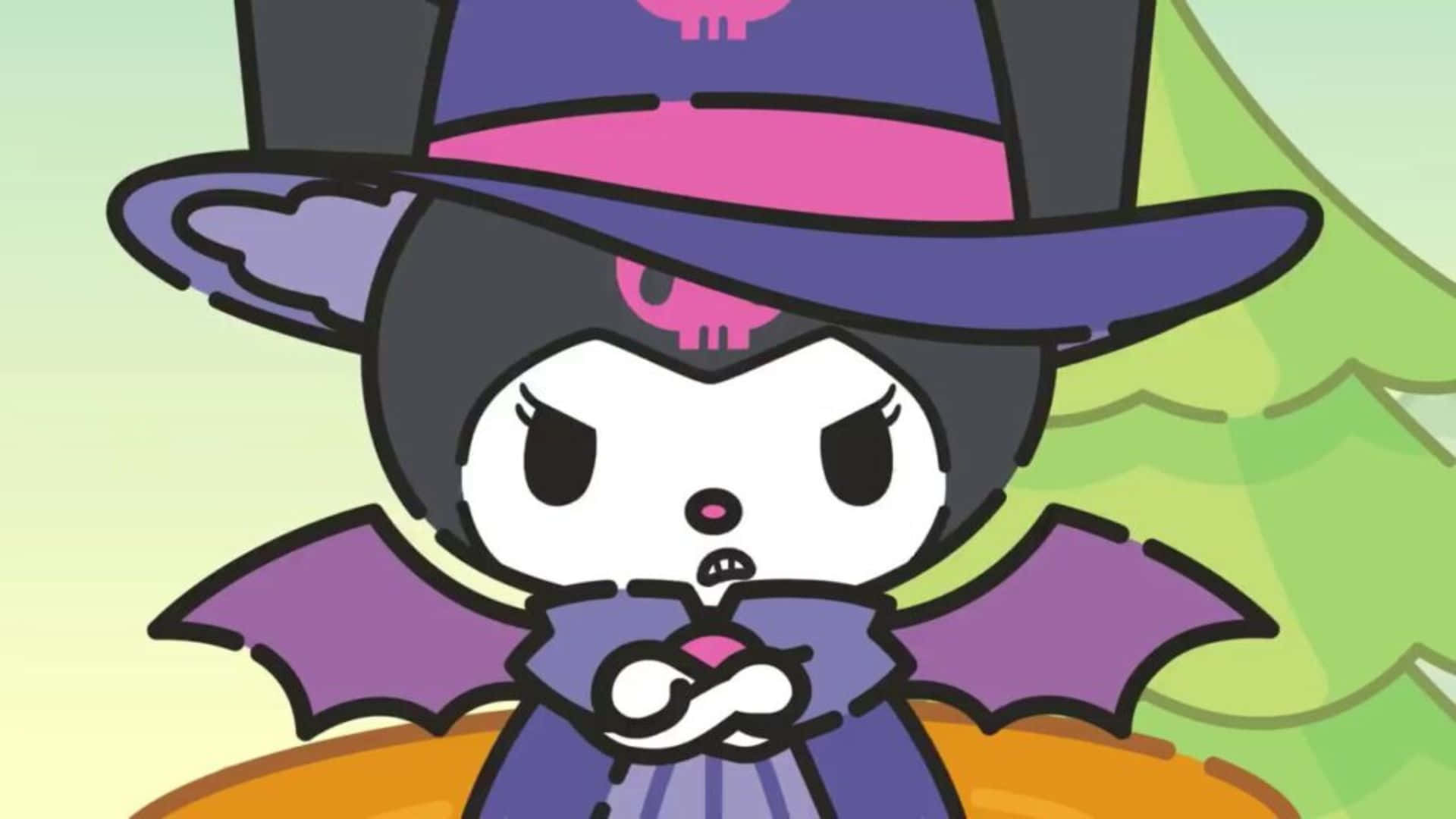 Kuromi Halloween 桌布 壁紙 — 一個可愛的卡通角色打扮成女巫，擁有紫色蝙蝠翅膀和高帽子，站在一棵綠樹前。