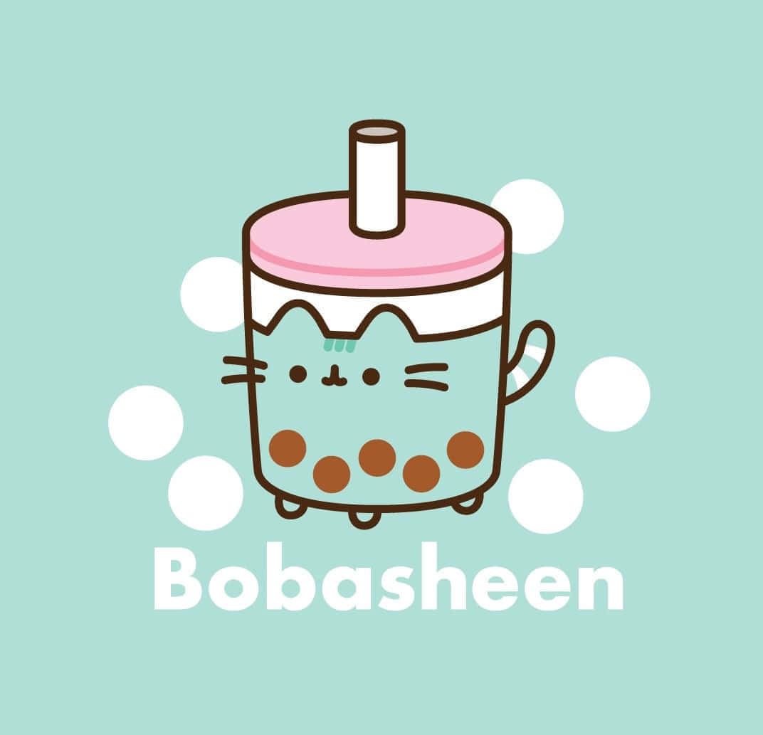 Cute Pusheen 桌布 壁紙 — 一個可愛的卡通貓形狀的泡泡茶杯，配有棕色波霸珍珠和吸管，背景是薄荷綠色。