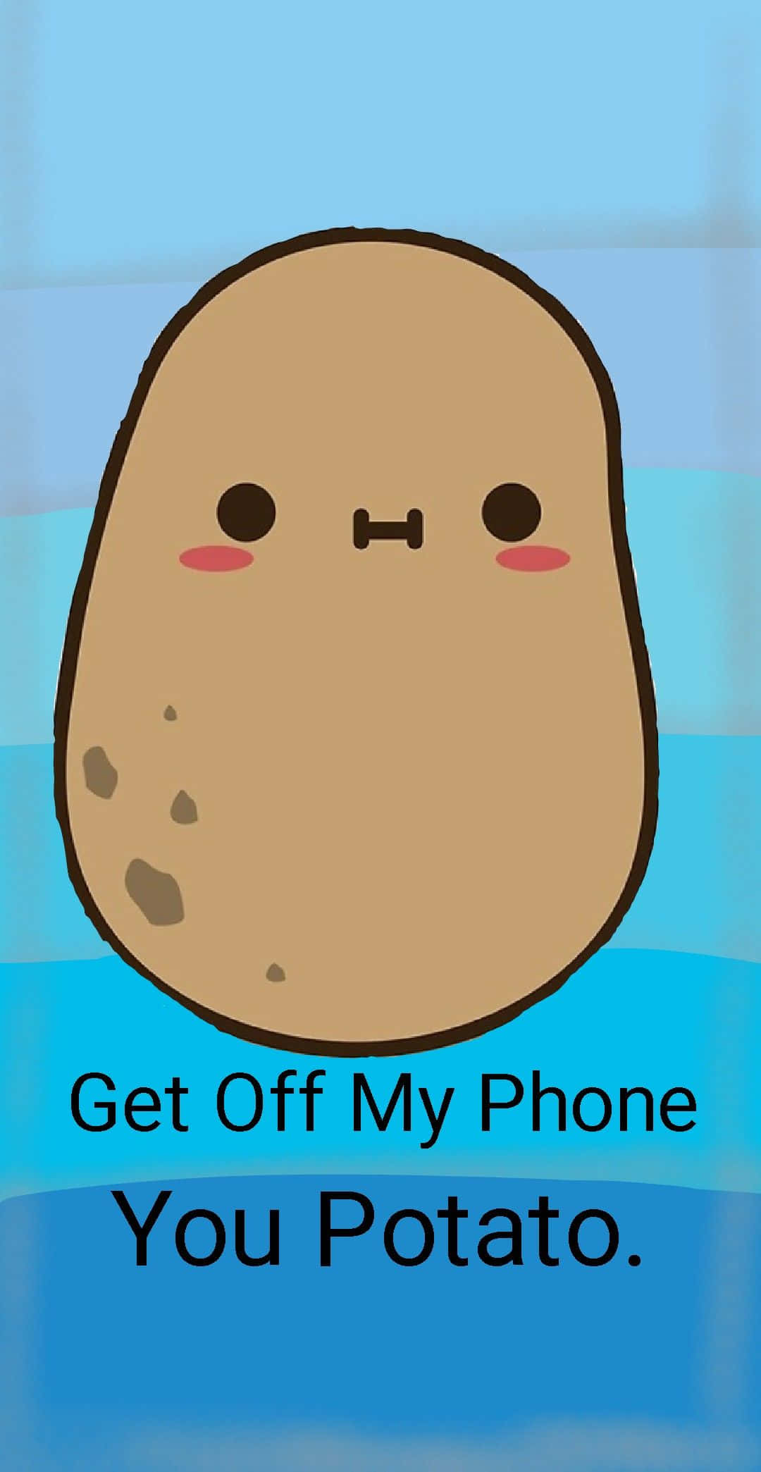 Potato 桌布 壁紙 — 一個可愛的卡通馬鈴薯，臉頰紅潤，表情不悅，坐在藍色漸變背景上，下方有文字。