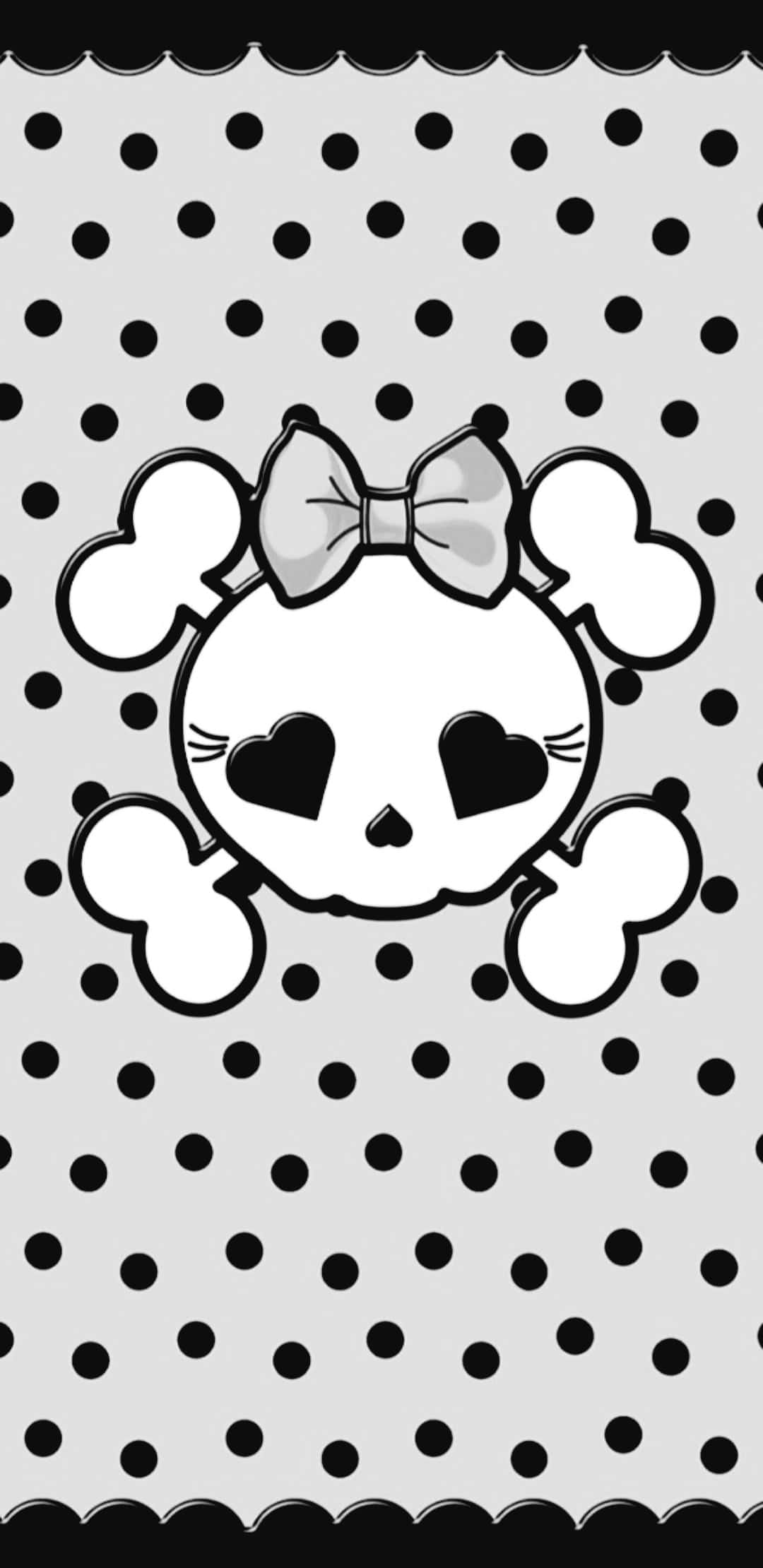Black And White Dots 桌布 壁紙 — 一個可愛的卡通骷髏頭，有心形眼睛和蝴蝶結，坐在黑色圓點背景上。