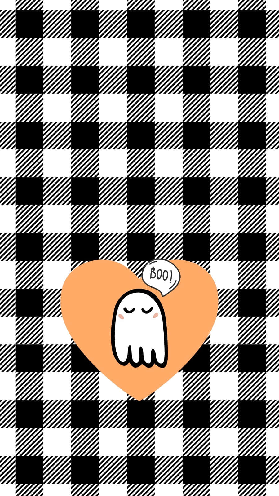 Halloween Phone 桌布 壁紙 — 一個可愛的卡通鬼魂，閉著眼睛，臉頰泛紅，坐在一個橙色的心形內，背景是黑白格仔圖案。