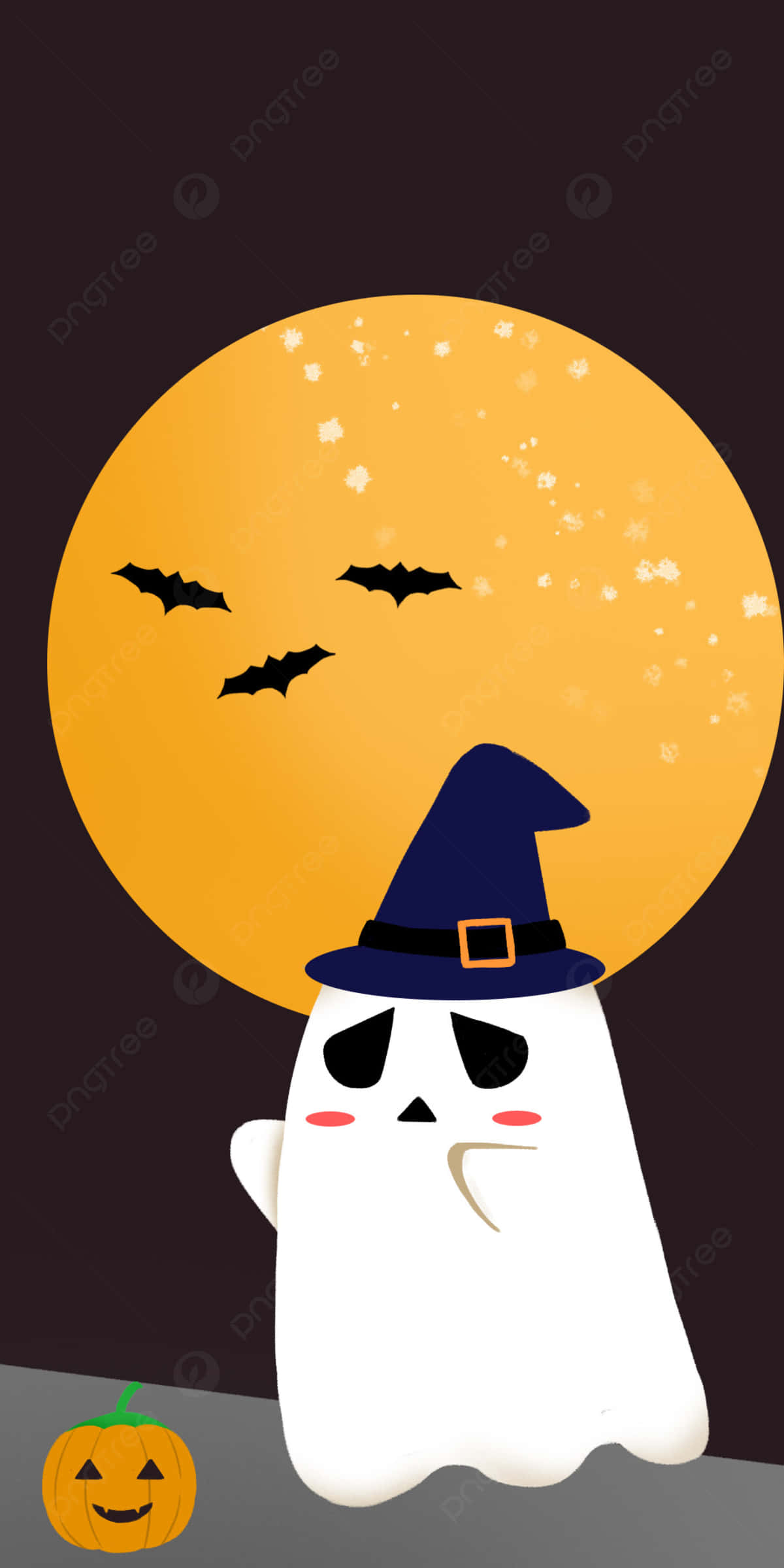 「Boo！」 壁紙 — 一個可愛的卡通鬼魂戴著女巫帽，站在發光的橙色月亮前，蝙蝠飛過，附近有一個南瓜燈。