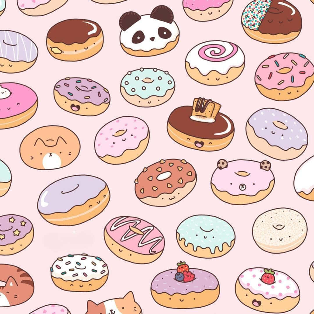 Cute Donut 桌布 壁紙 — 一個可愛的圖案，微笑的冬甩上有臉和配料，背景是柔和的粉紅色。