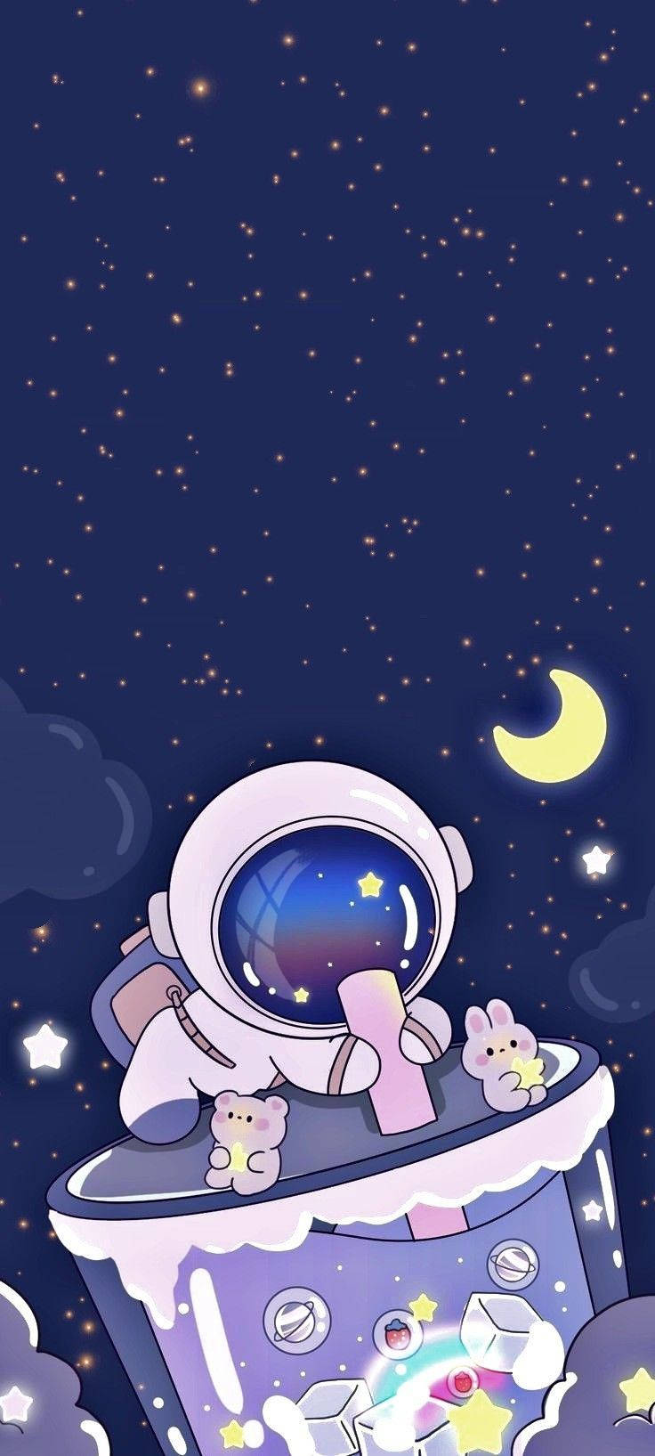 太空人 桌布 壁紙 — 一個可愛的太空人喺紫色太空船入面，喺星星同彎月之間漂浮，仲有兩隻細兔仔同伴。