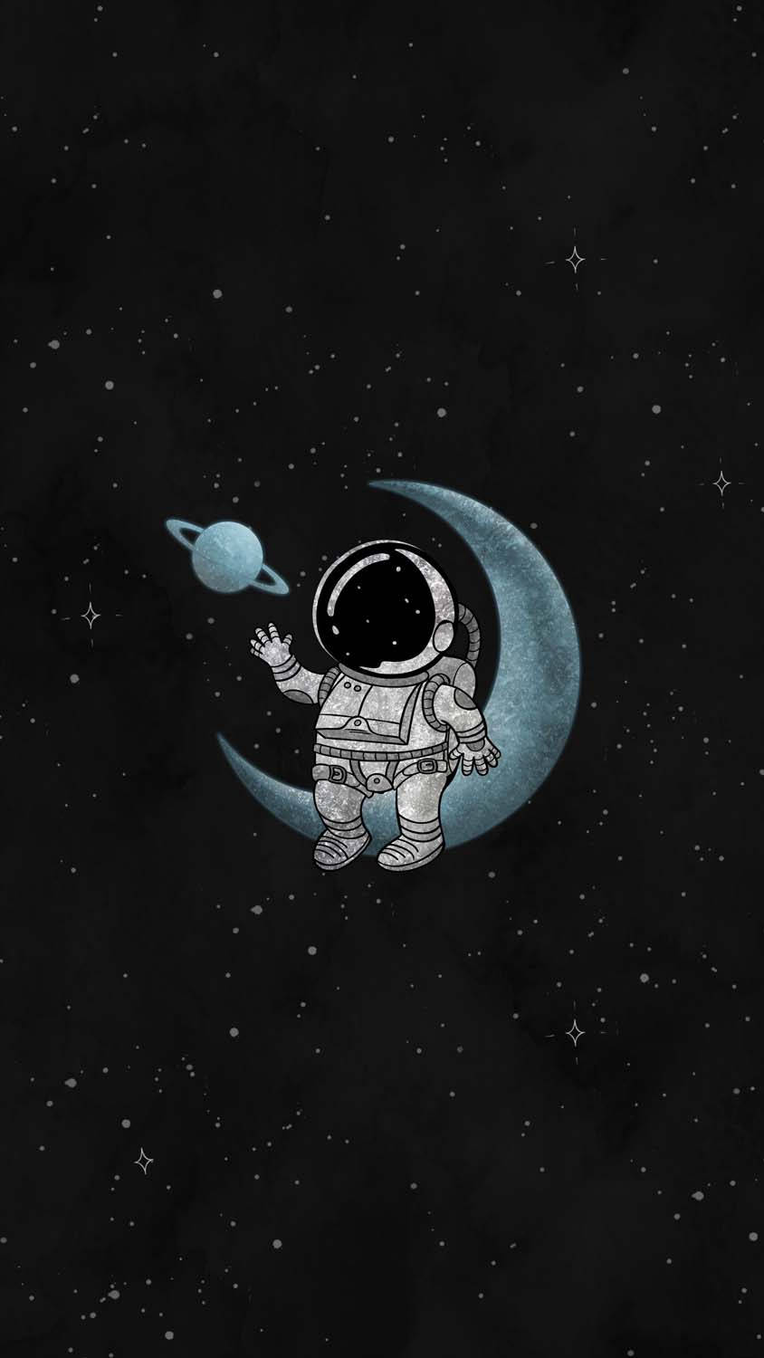 太空人 桌布 壁紙 — 一個可愛的太空人在新月上揮手，背景是星空夜空，附近有一顆藍色行星。