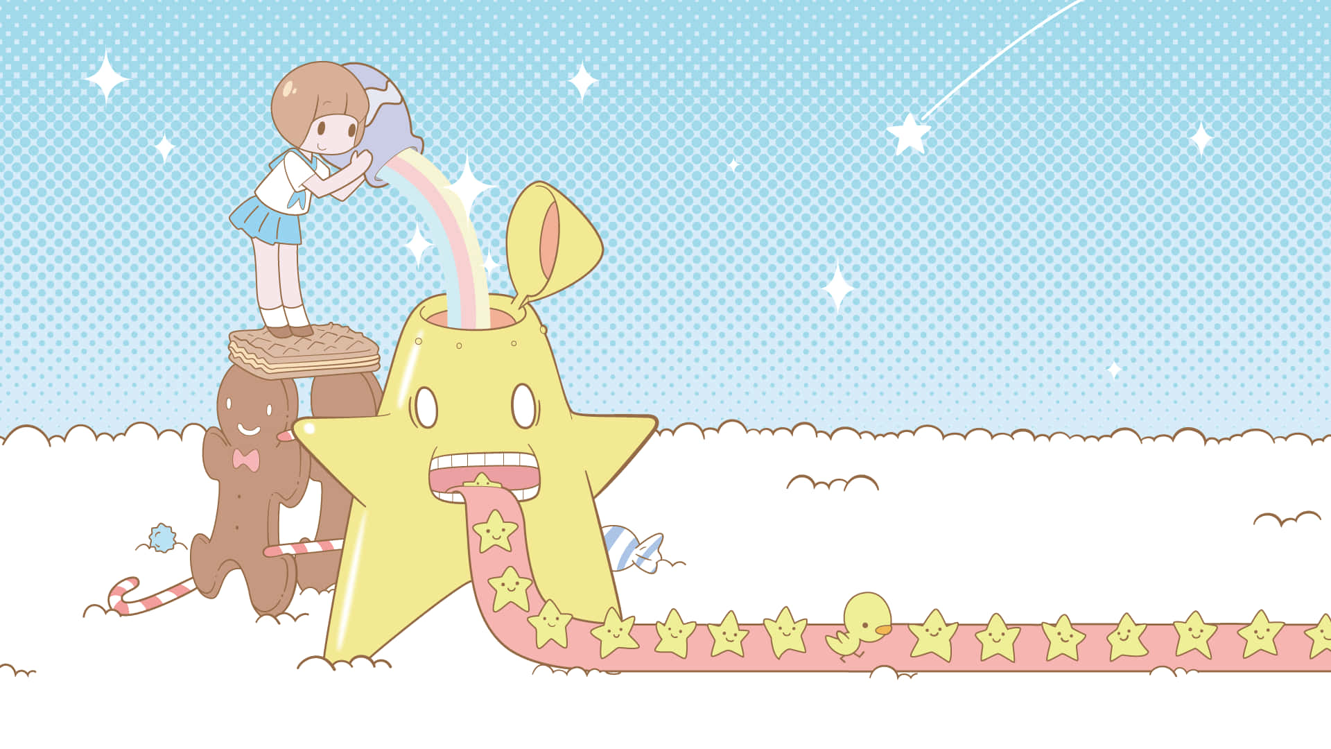 Kawaii Space 桌布 壁紙 — 一個可愛的女孩從噴壺中倒出彩虹，澆灌一個微笑的星星生物，背景是夢幻的雪景。