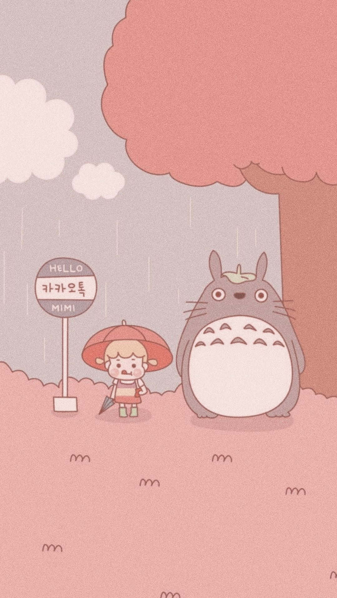 Peach iPhone 桌布 壁紙 — 一個可愛的女孩撐著雨傘，站在一棵粉紅色的樹下，旁邊是一隻大型的龍貓，細雨綿綿。