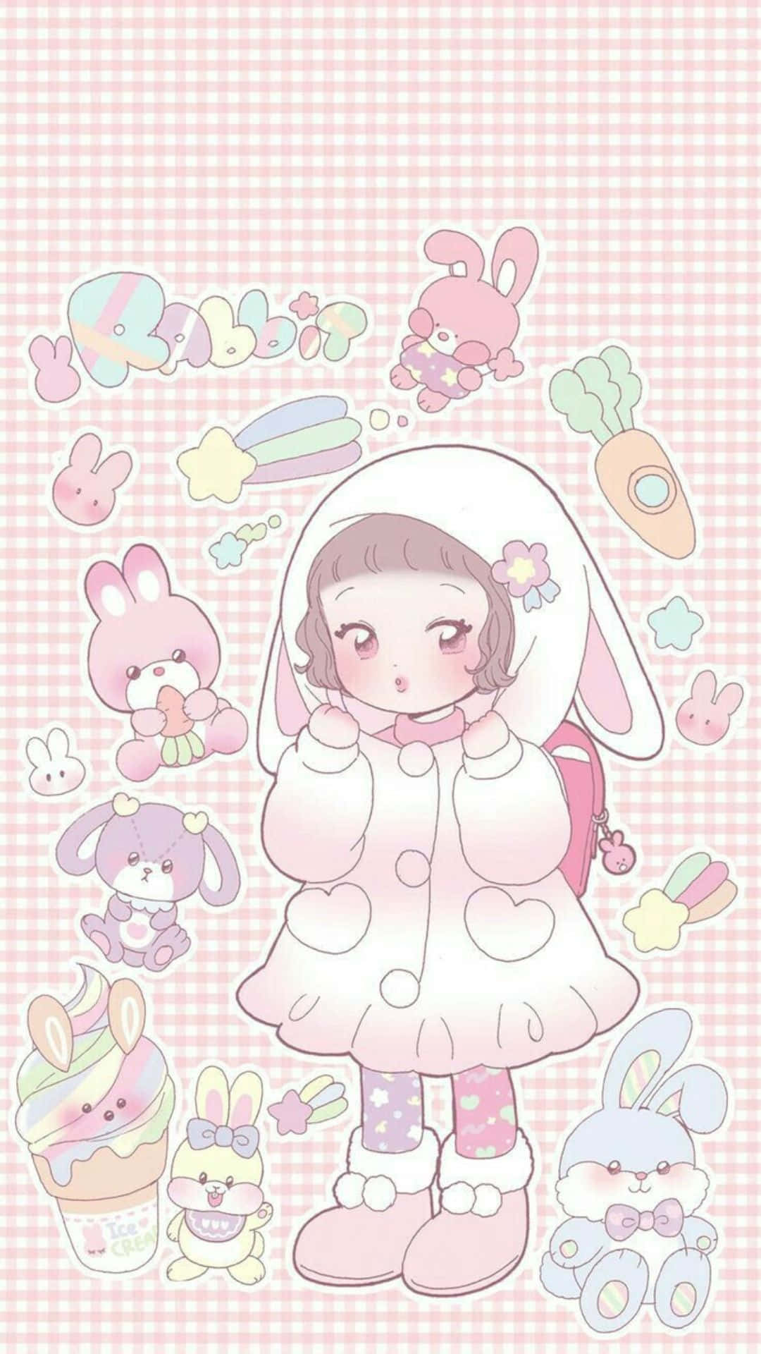 Kawaii Art 桌布 壁紙 — 一個可愛的女孩穿著兔子連帽外套，站在粉紅色格仔背景上，周圍是粉彩兔子貼紙。