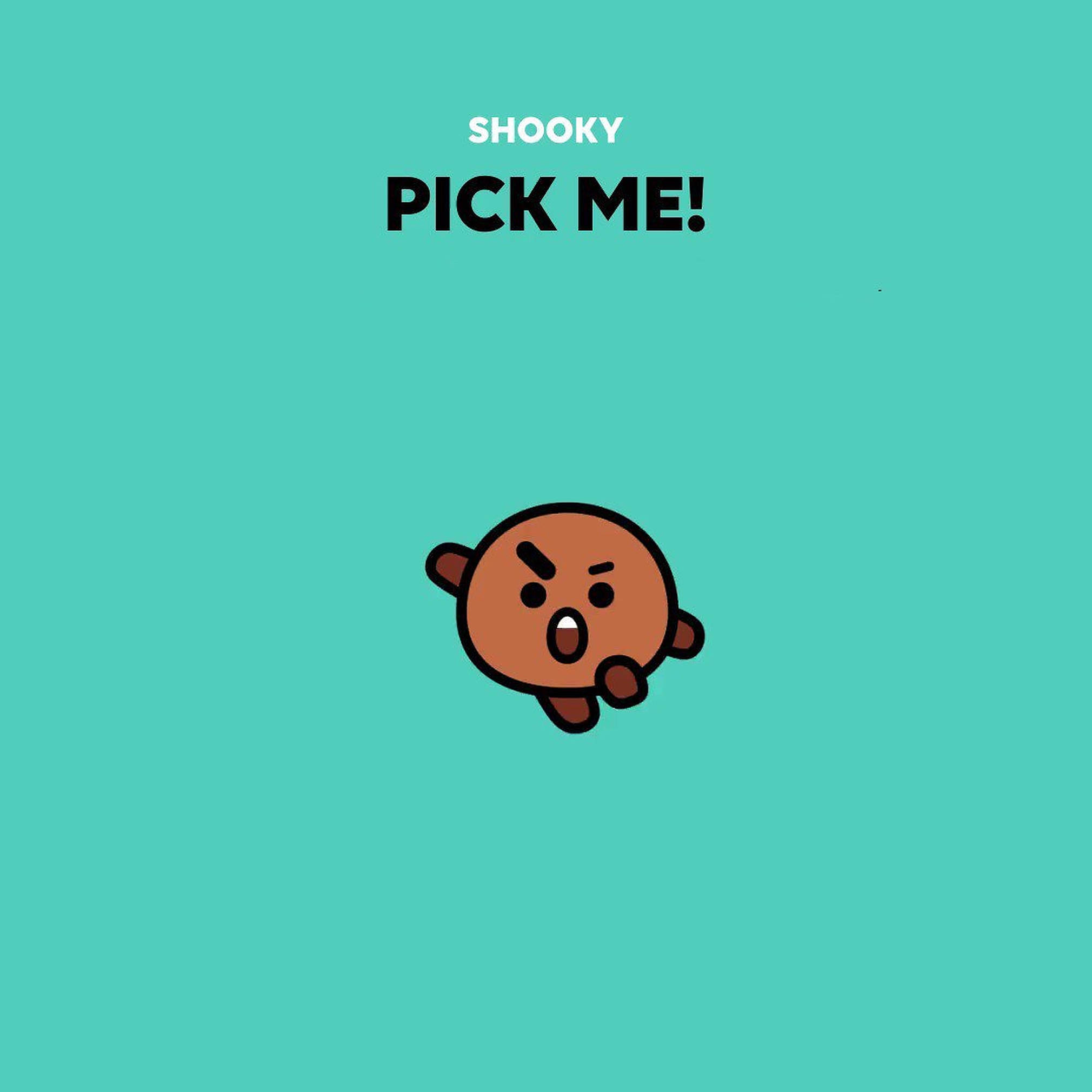 Shooky BT21 Pick Me 壁紙 — 一個可愛的棕色卡通角色帶著憤怒的表情大喊「PICK ME!」，背景是純青色。