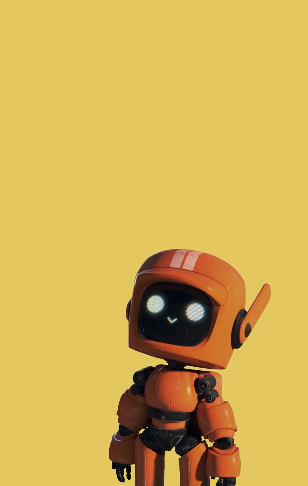 Kawaii Robot 桌布 壁紙 — 一個可愛的橙色機械人，眼睛發光，站在純黃色背景前。