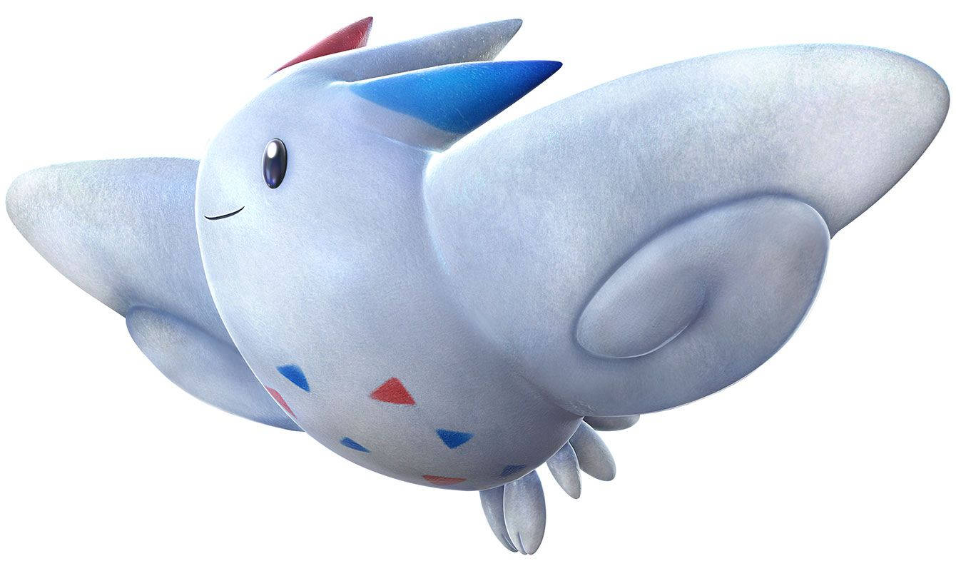 3D Togekiss 壁紙 — 一個可愛的淺藍色卡通生物，帶有紅色和藍色三角形斑點和大型翼狀附肢，在白色背景上漂浮。