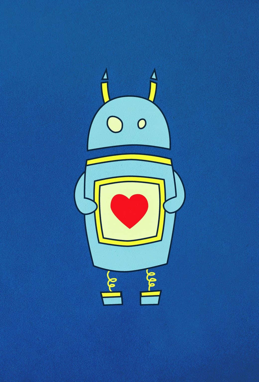 Cartoon Robot 桌布 壁紙 — 一個可愛的淺藍色機械人，帶有黃色點綴和胸前的紅色心形，站在純藍色背景前。