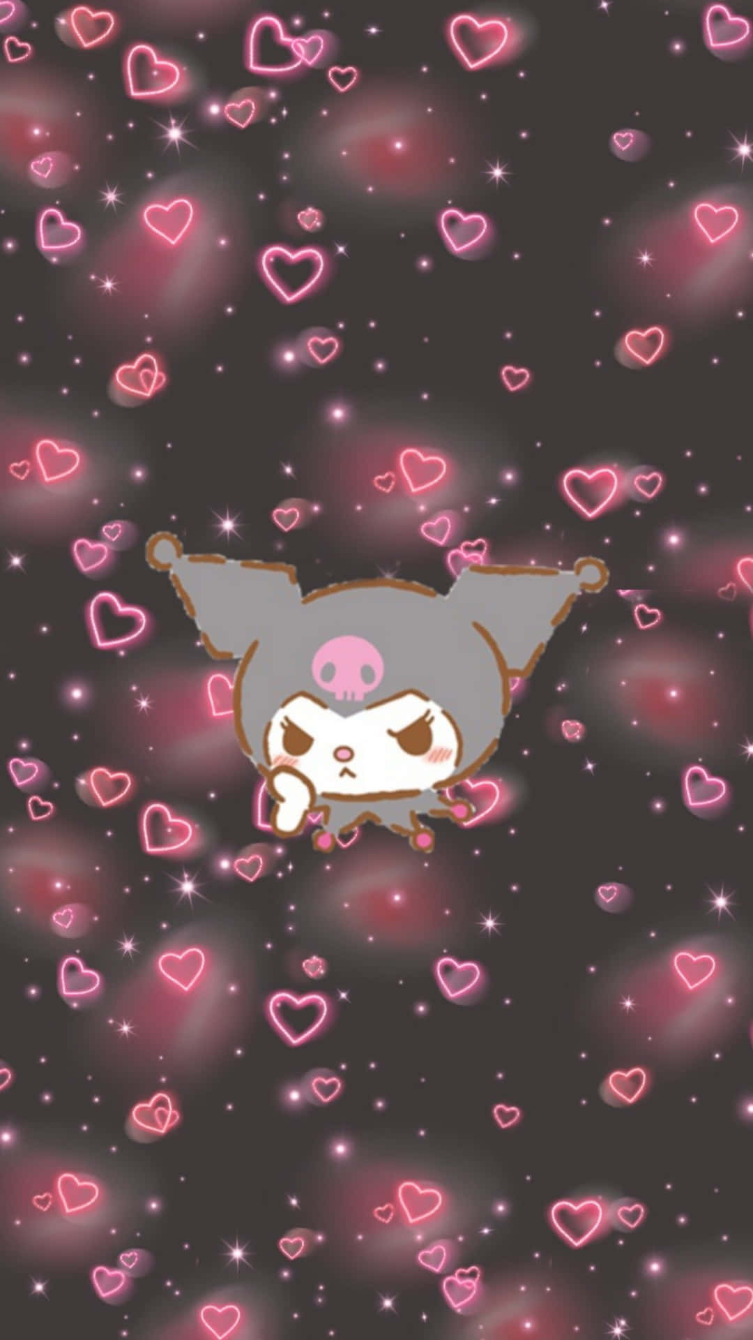 Kuromi Aesthetic 桌布 壁紙 — 一個可愛的灰色貓咪角色，帶有骷髏圖案，在黑暗的宇宙背景中漂浮在發光的粉紅色心形和閃光之間。