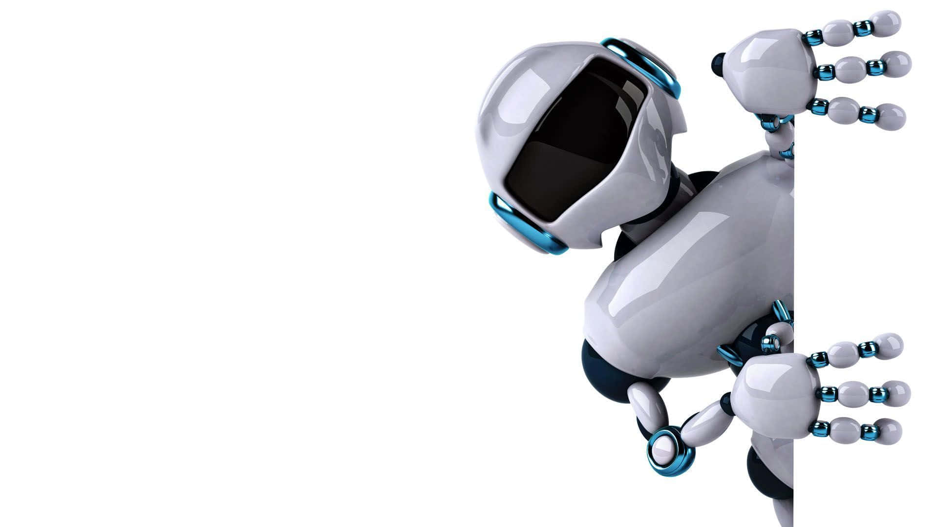 Kawaii Robot 桌布 壁紙 — 一個可愛的白色和藍色機械人，用關節臂和手，頑皮地從白色牆後探頭出來。