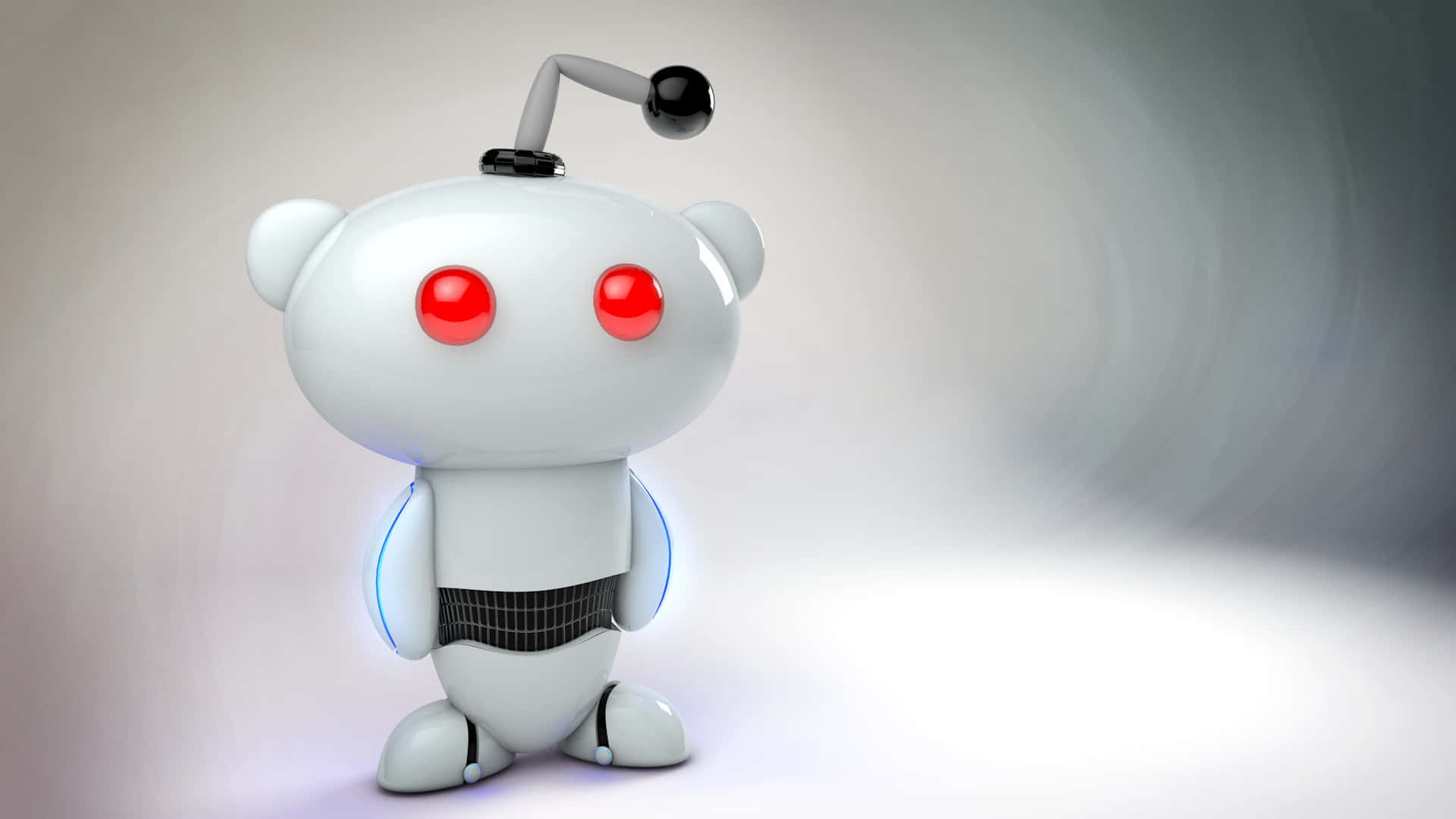 Kawaii Robot 桌布 壁紙 — 一個可愛的白色機器人，有著發光的紅色眼睛和藍色點綴，站在柔和的漸變背景前。