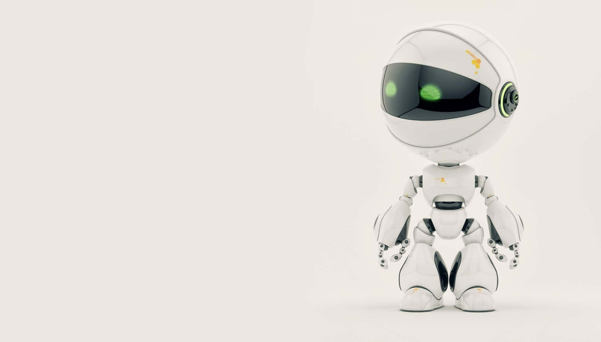 Kawaii Robot 桌布 壁紙 — 一個可愛的白色機械人，有著發光的綠色眼睛，站在純淺灰色背景前。
