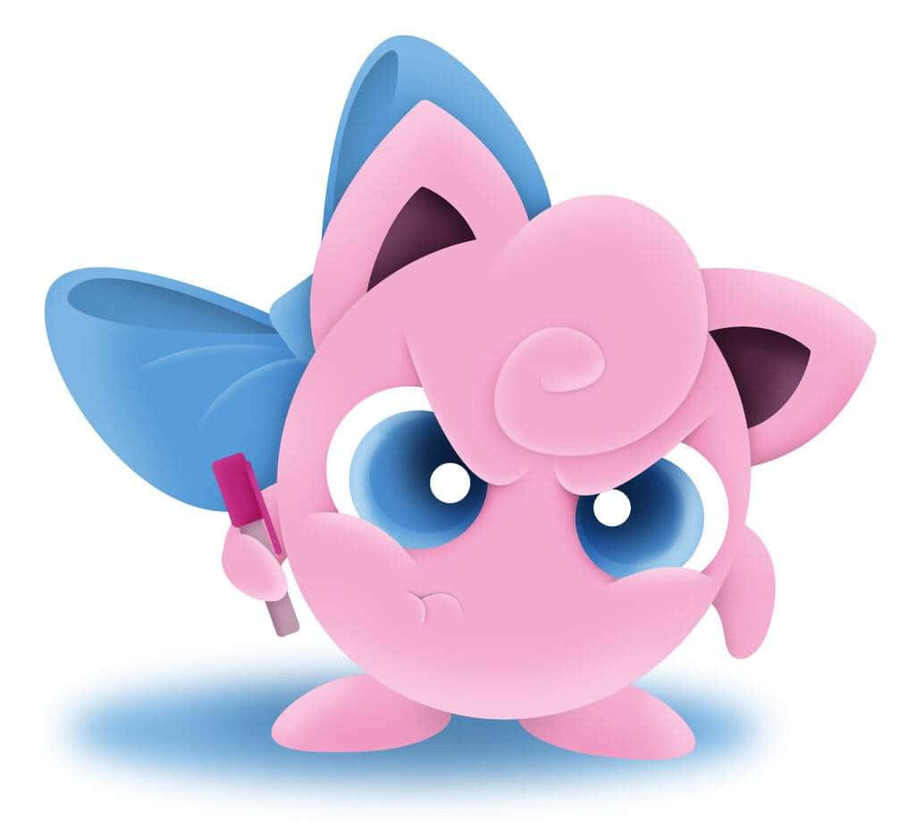 Jigglypuff 桌布 壁紙 — 一個可愛的粉紅色卡通生物，有藍色翅膀和大眼睛，在白色背景上拿著一支粉紅色記號筆。