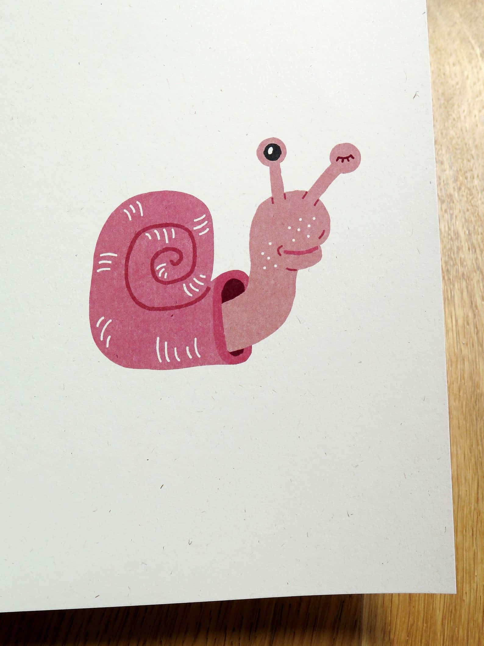 Pink Snail 桌布 壁紙 — 一個可愛的粉紅色卡通蝸牛，帶有微笑的臉和觸角，畫在紋理紙上。