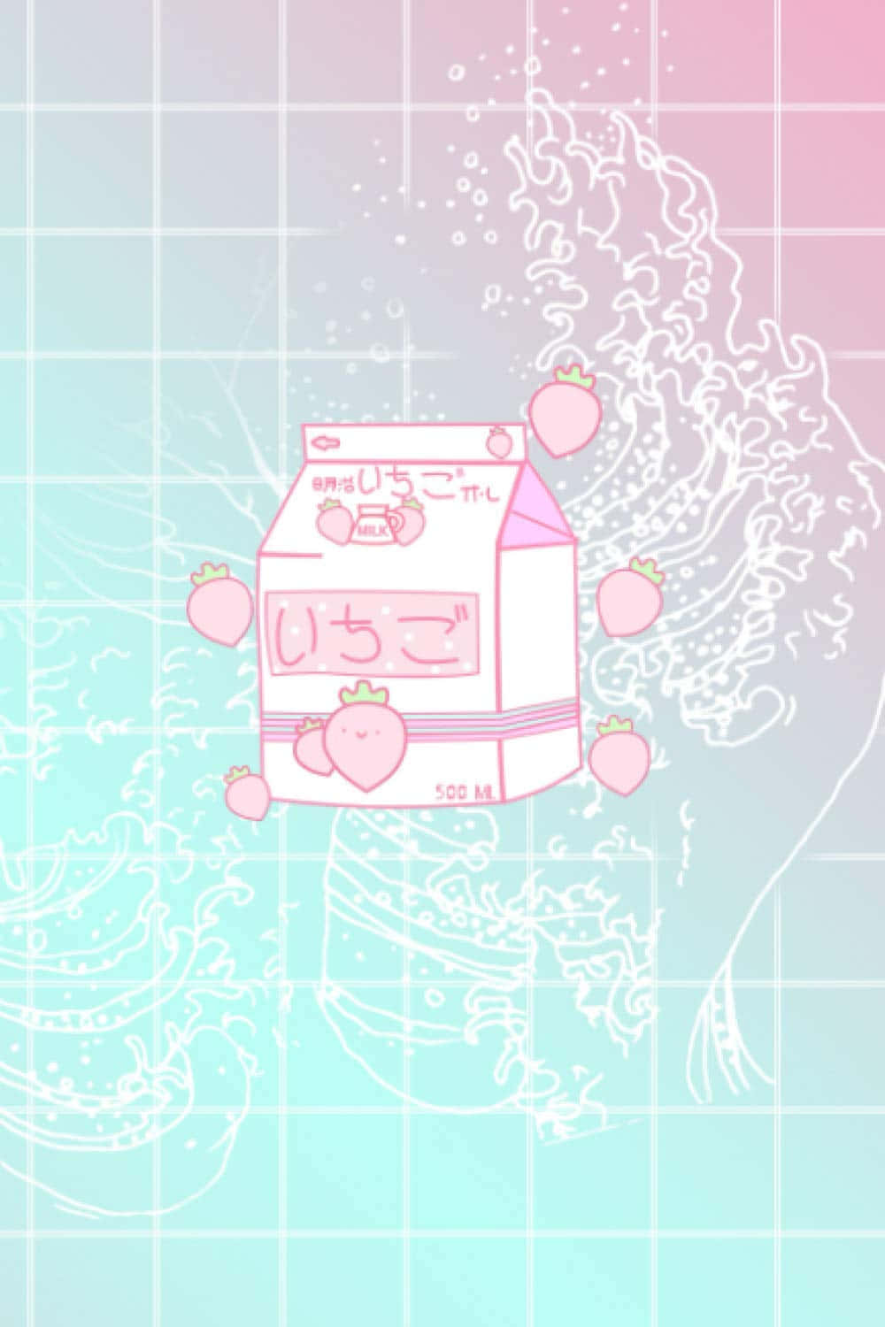 Kawaii Japanese 桌布 壁紙 — 一個可愛的粉紅色士多啤梨牛奶盒漂浮在異想天開的氣泡和漂浮的士多啤梨之間，背景是柔和漸變網格。