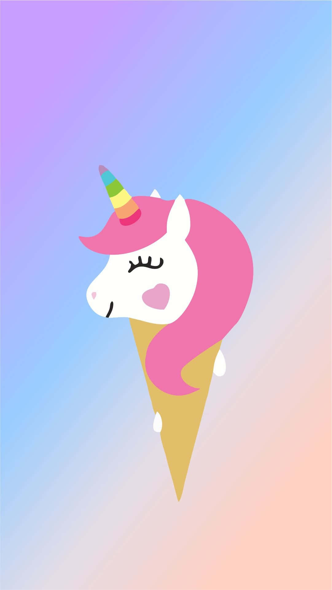 Kawaii Unicorn 桌布 壁紙 — 一個可愛的粉紅色獨角獸頭，帶有彩虹角，坐在一個正在融化的雪糕筒上，背景是柔和的粉彩漸變色。