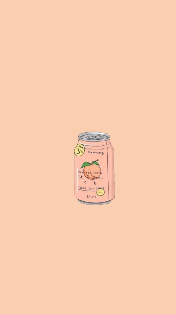 Peach iPhone 桌布 壁紙 — 一個可愛的粉紅色蜜桃汽水罐，帶有日文字和微笑的蜜桃插圖，居中在純蜜桃背景上。