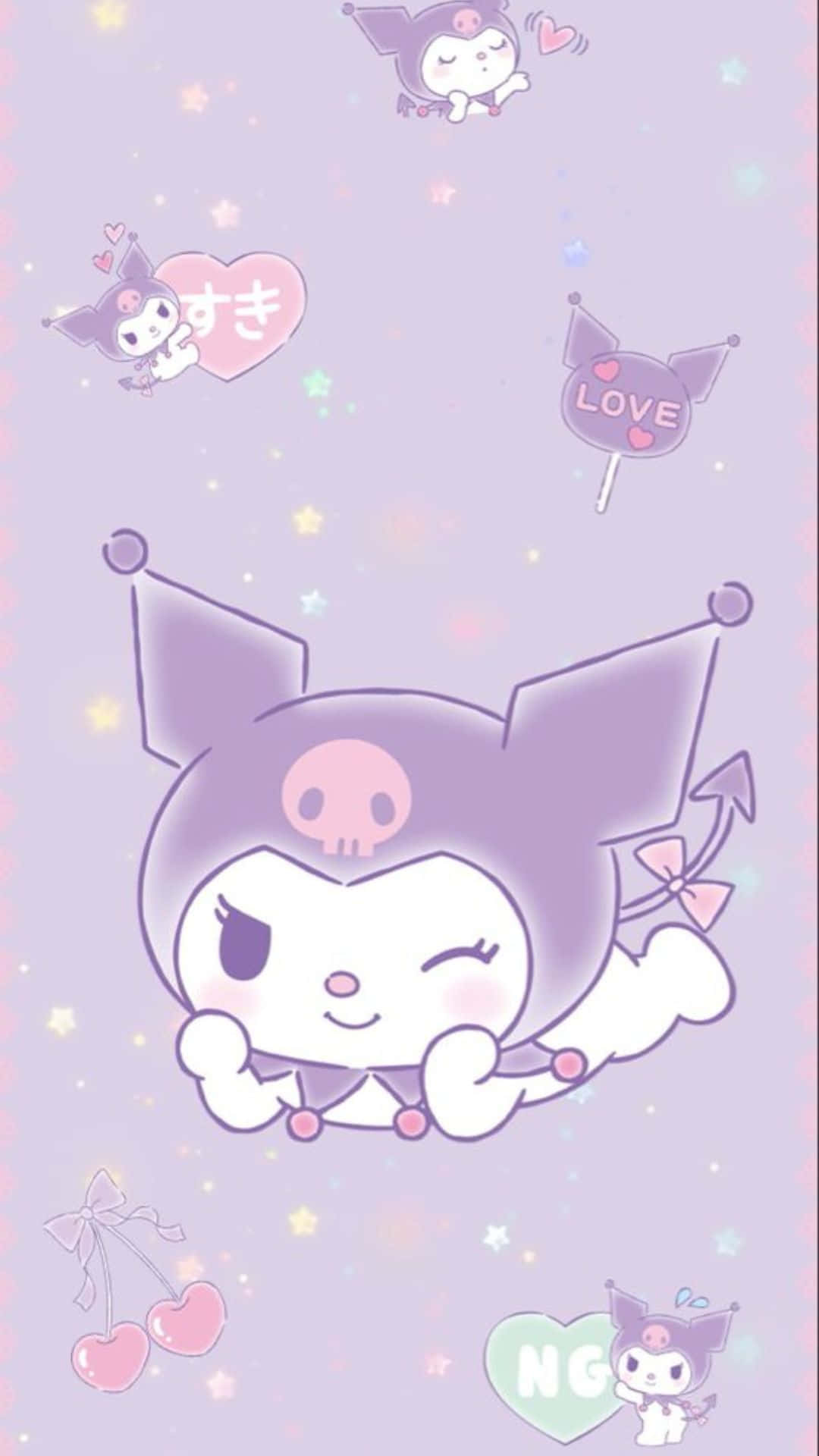 Kuromi Kawaii 桌布 壁紙 — 一個可愛的紫色卡通角色帶有骷髏標誌，在點綴著星星、愛心及自身漂浮小版本的粉彩薰衣草背景上頑皮地眨眼。