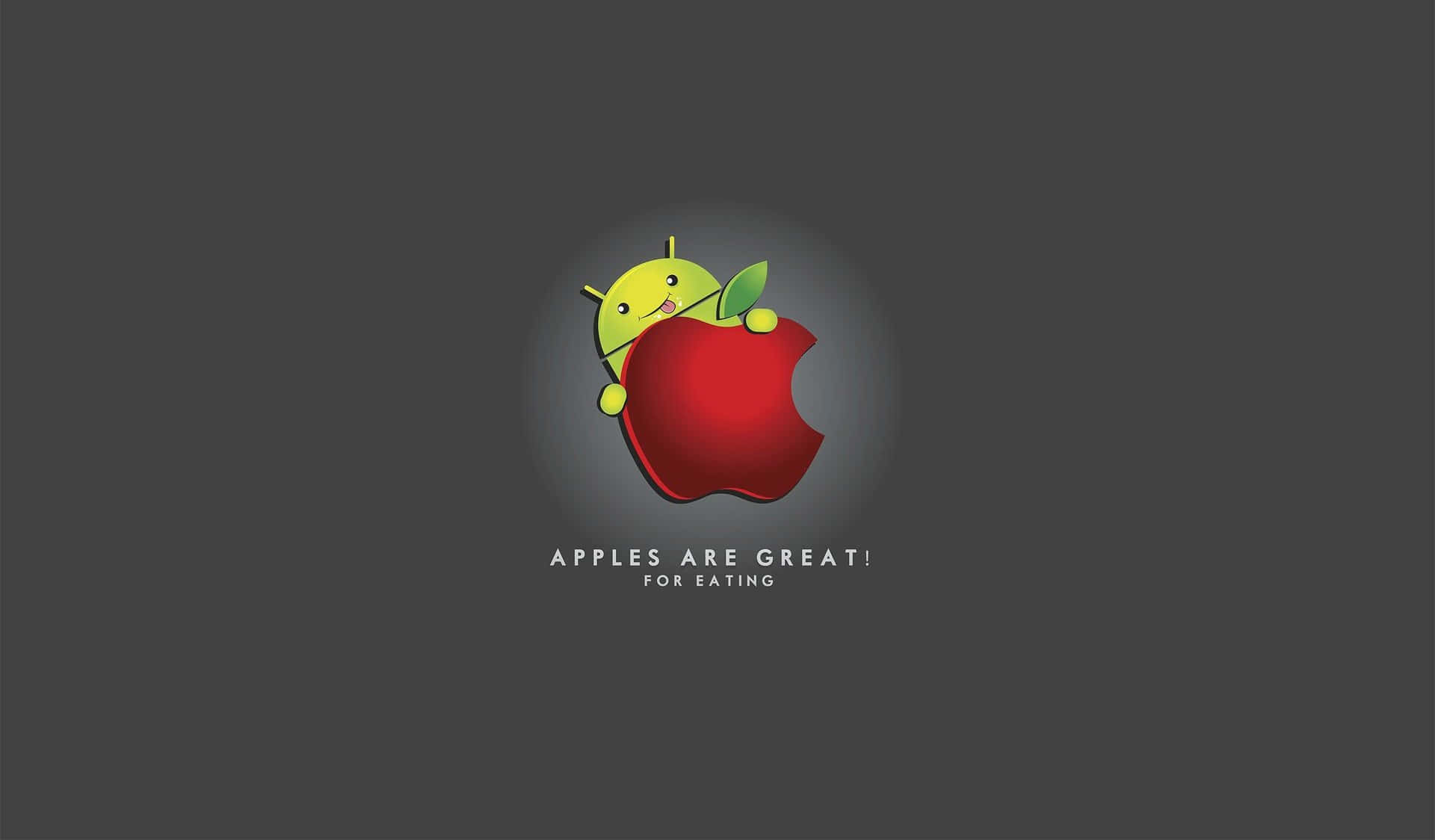 Android Computer 桌布 壁紙 — 一個可愛的綠色Android吉祥物從一個被咬了一口的紅蘋果後面探出頭來，背景是深灰色。