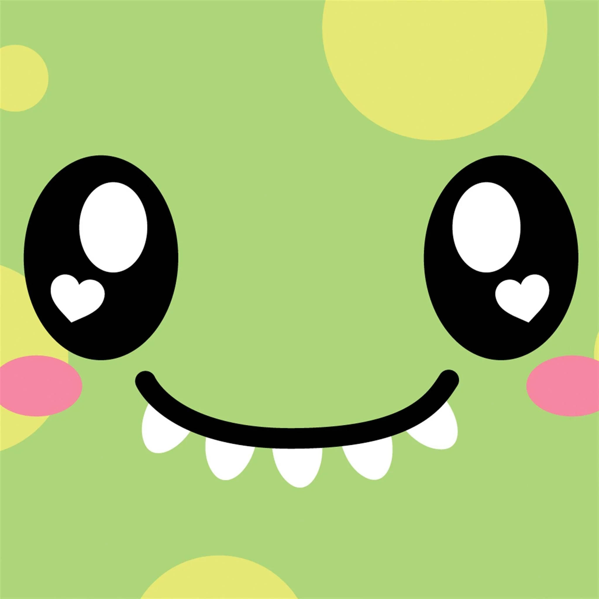 Cute Dinosaur 桌布 壁紙 — 一個可愛的綠色卡通怪物，有大大的黑色眼睛、心形瞳孔和微笑的嘴巴露出白色牙齒，背景是波點圖案。