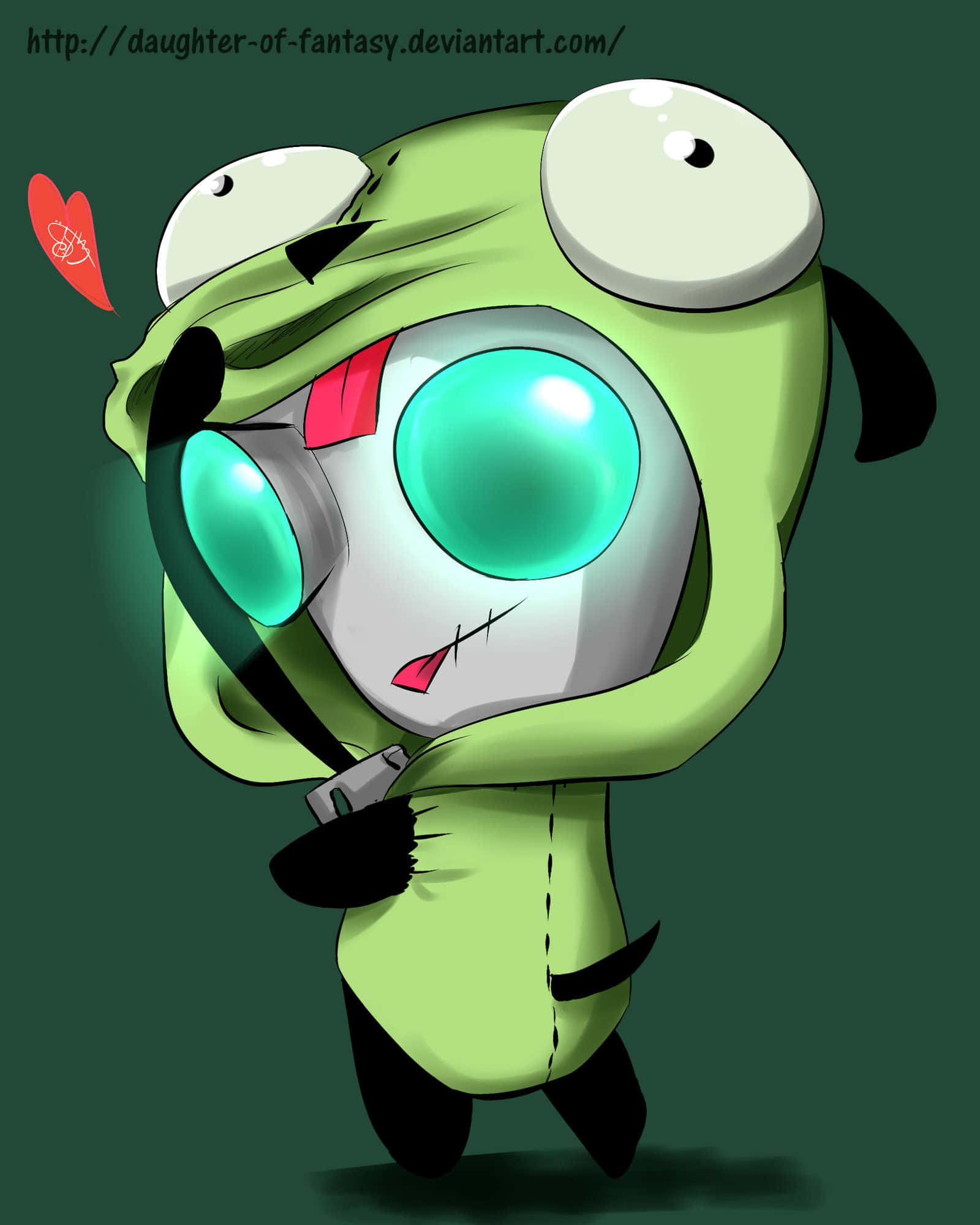 Invader Zim 桌布 壁紙 — 一個可愛的綠色卡通角色，擁有超大的發光眼睛和縫合臉，在深綠色背景上拿著一個小裝置。