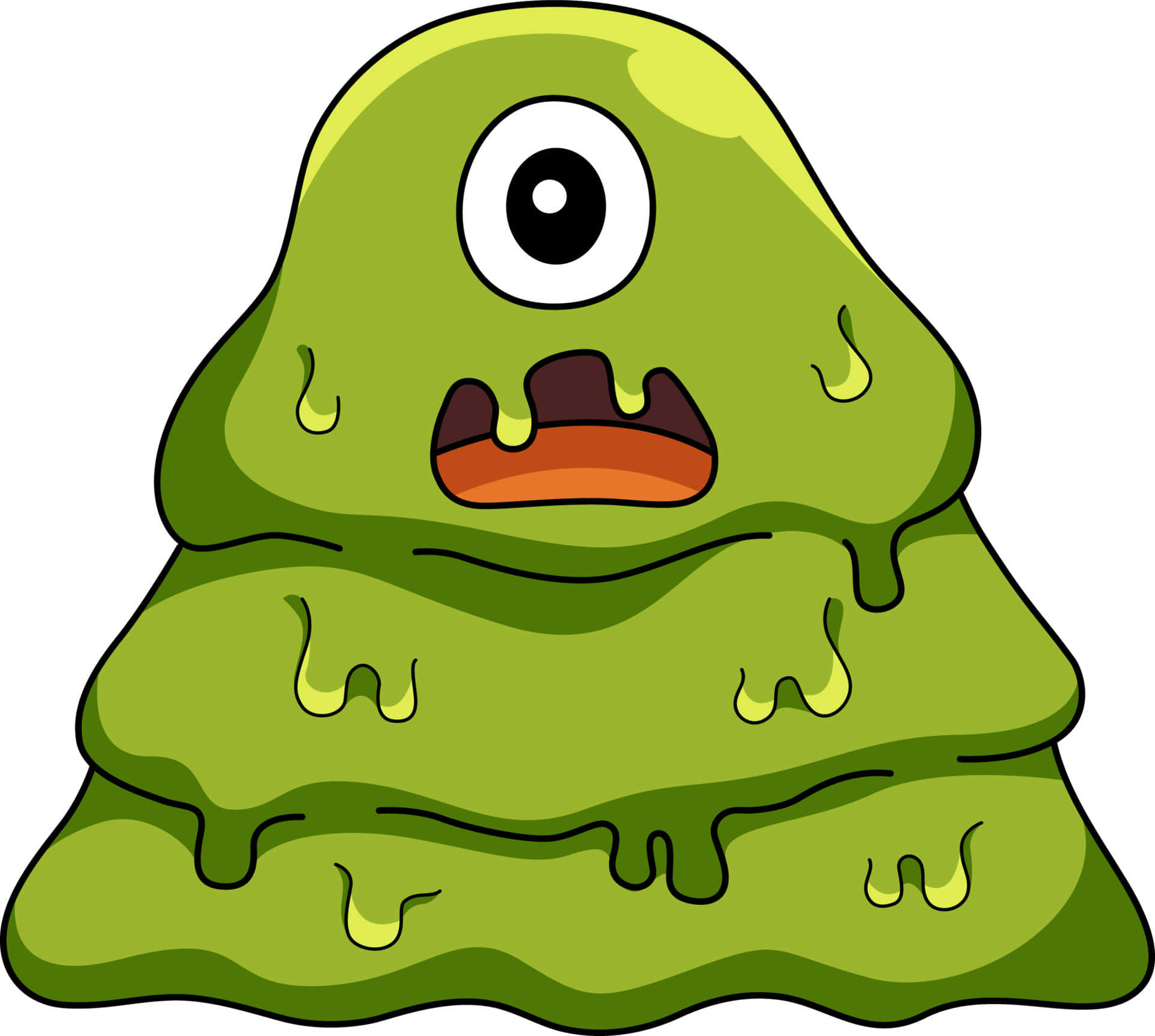 Halloween Slime 桌布 壁紙 — 一個可愛的綠色單眼黏液怪物，有著寬闊的嘴巴和滴落的黏液滴。