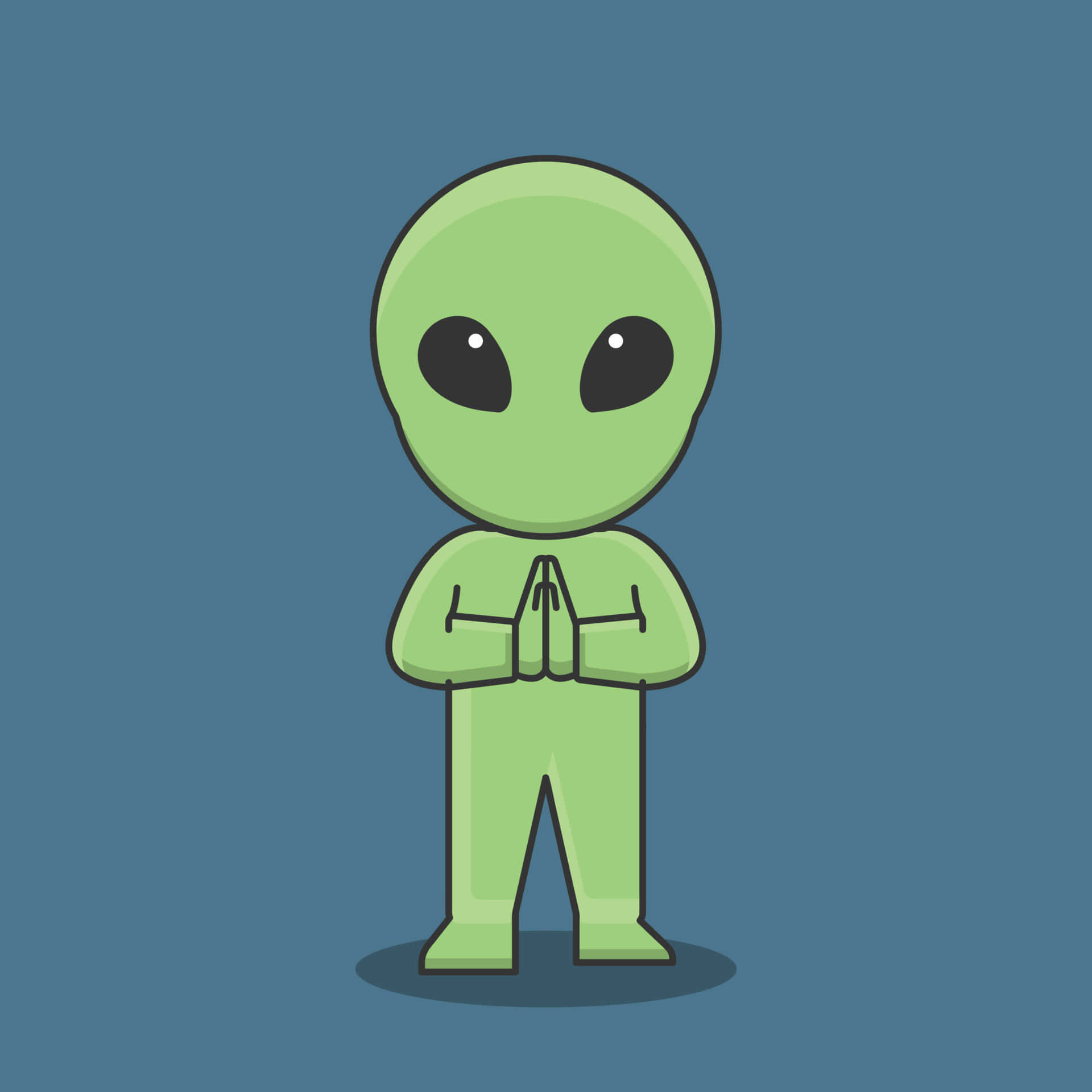 Cartoon Alien 桌布 壁紙 — 一個可愛的綠色外星人，有著大大的黑色眼睛，雙手交握在身前，平靜地站在純藍色背景前。